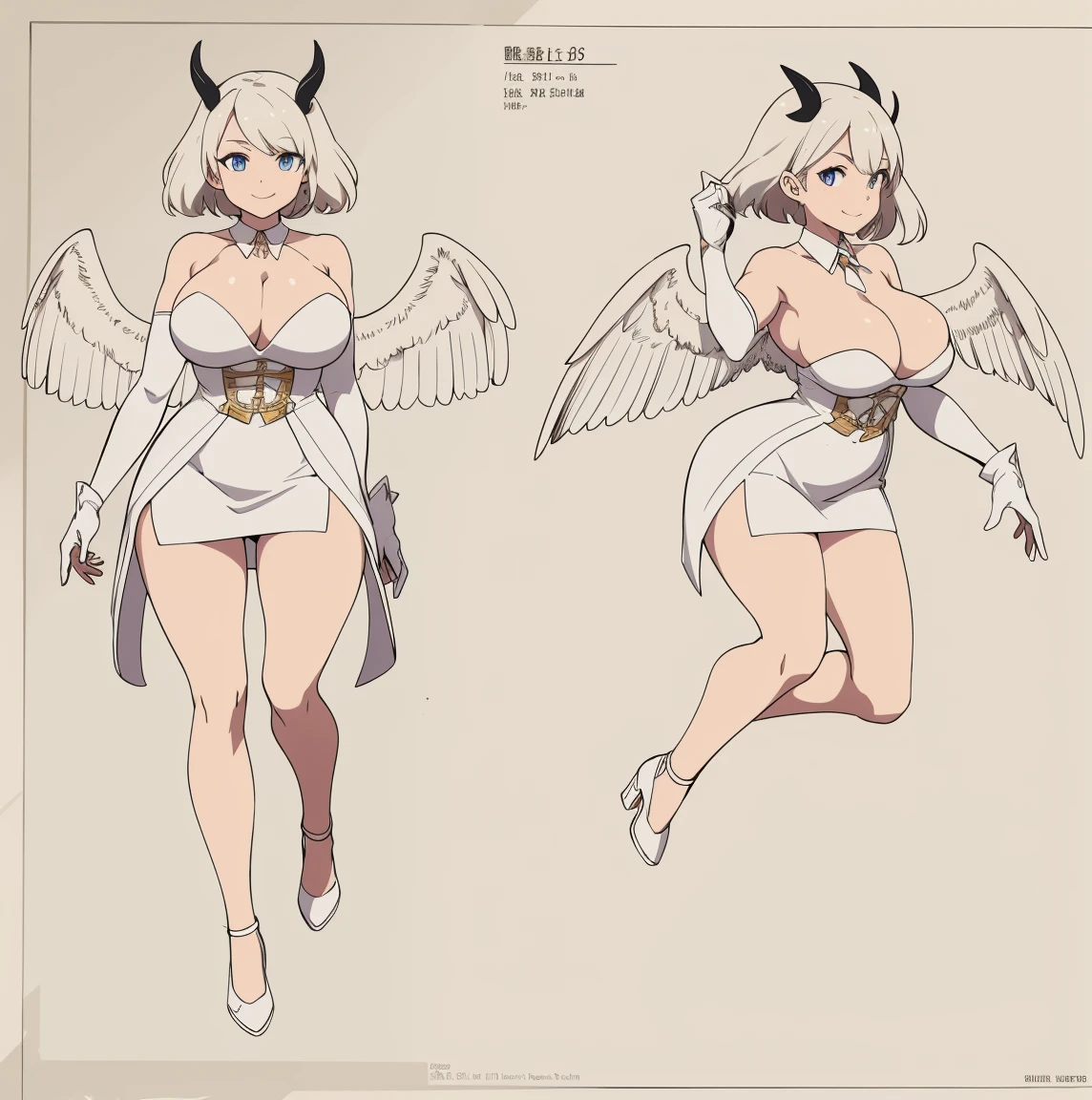 reference sheet, 1girl, (solo:1.2), curvy, (masterpiece:1.2), (best quality:1.2), (perfect anatomy:1.4), (jumping:1.4), (happy:1.2), smile, (large breasts:1.4), (cowboy shot:1.2) lack, anime style, pastel colors, thick semi-traditional lineart, al1, demon horns, white gloves, white dress, bare shoulders, detached collar, cleavage, slit pupils, black wings, feathered wings, low wings