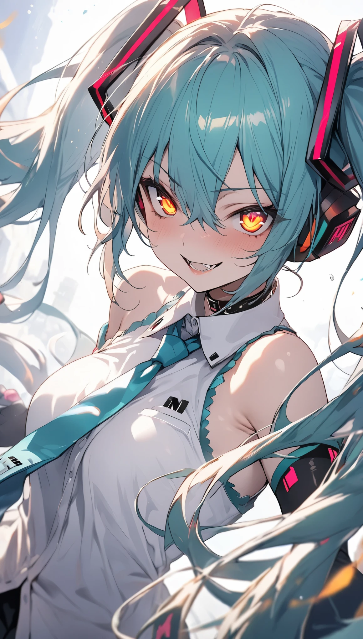 (highest quality、masterpiece、High resolution、detailed)、(Shining eyes、detailed美しい顔)、, BREAK,masterpiece, Hatsune Miku, white shirt, blue tie, bare shoulders, Separated sleeves, evil smile, black skin, red eyes, black eye, Orange eyes,, BREAK,beautiful anime、dynamic angle