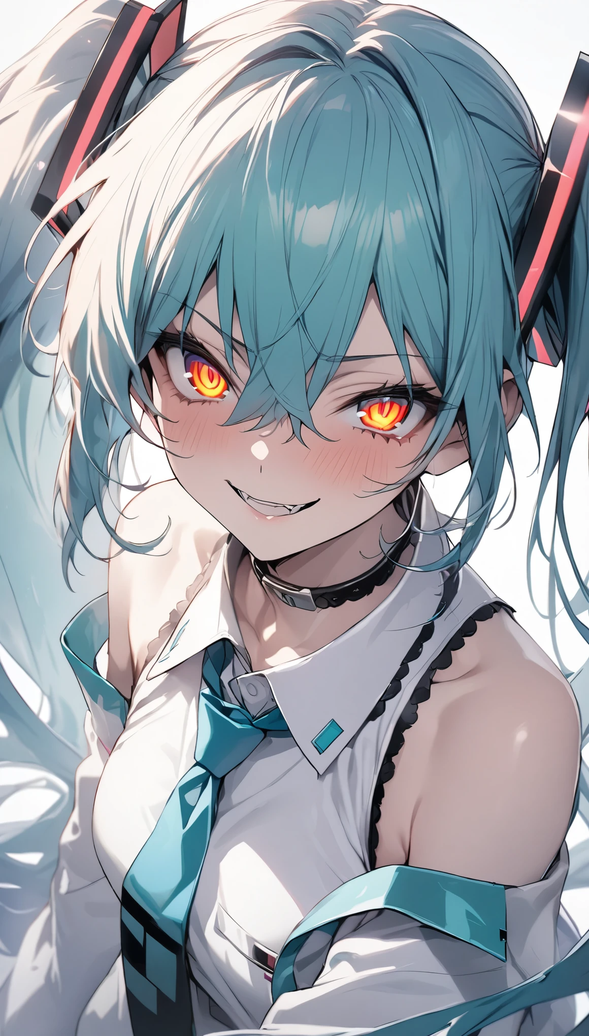 (highest quality、masterpiece、High resolution、detailed)、(Shining eyes、detailed美しい顔)、, BREAK,masterpiece, Hatsune Miku, white shirt, blue tie, bare shoulders, Separated sleeves, evil smile, black skin, red eyes, black eye, Orange eyes,, BREAK,beautiful anime、dynamic angle