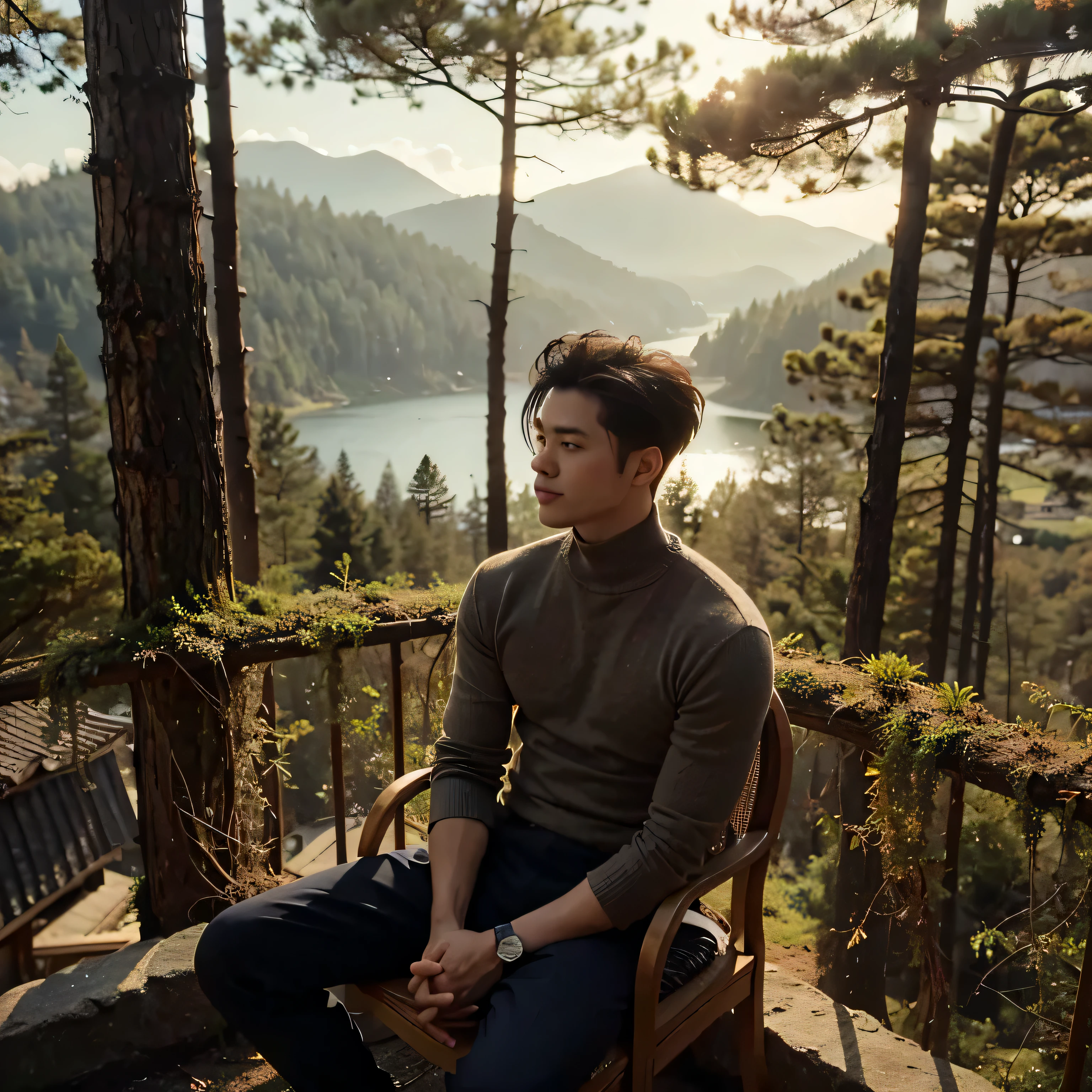 gnerate img , pictorialist style , dreamy , 20s Indonesian handsome man with under cut hair style , sitting on a chair in sitting on the rooftop of a pine forest mountain villa , in a breezy spring day , wearing turtleneck sweater . Bright sunlight streams between the trees delicate vines, casting wavering shadows on the man's face . serene a pine forest mountain view , with the lake visible from a distance , enjoying the warm sunshine around her and the light breeze ruffling her hair, golden hour , sharp focus , graceful smile , graceful pose , high-quality , exotic , vibrant, tranquil , shot on Canon EOS 6D Mark III , skin texture , detailed face  ,ultra detailed background , hight resolution