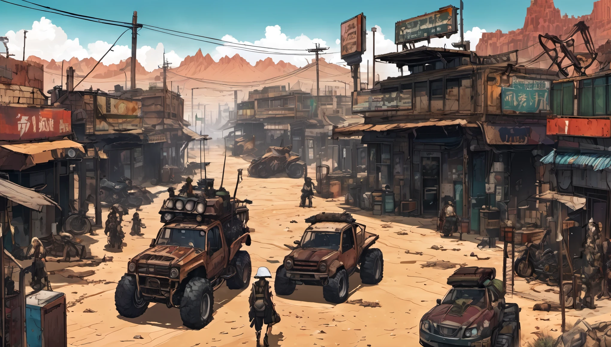 Post-apocalyptic desert town, traders on mechanical beasts, in a gritty, survival anime style.