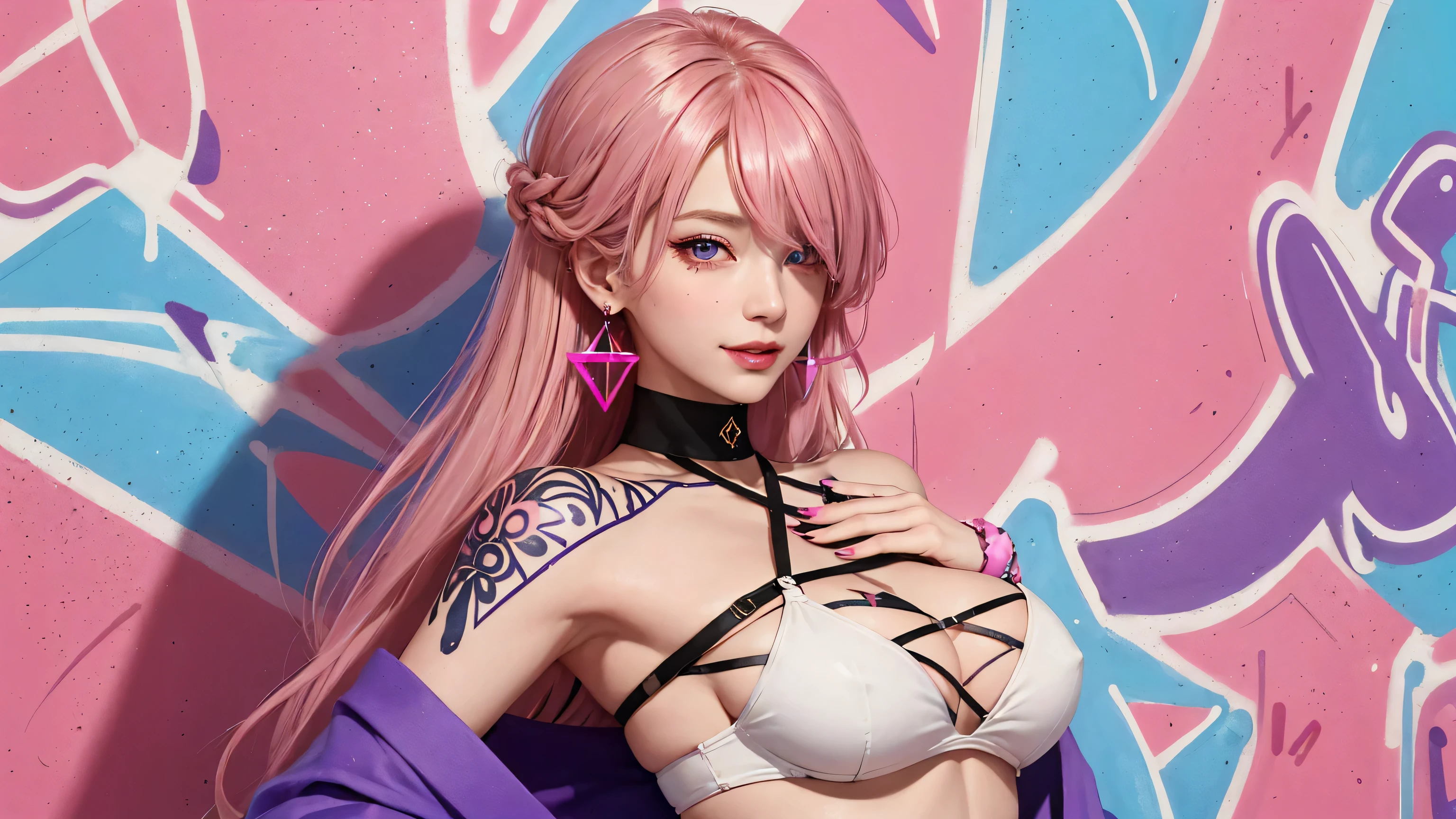 (masterpiece, best quality, 1girl, solo, intricate details, chromatic aberration), realistic, ((medium breath)),long hair, pink hair, red head ornament, pink highlights, hair over one eye,purple eyes, earrings, sharp eyes, choker, neon shirt, She wears a collar, bangles, and a kimono-style garter belt., crop top, (symmetry eyes),(perfect symmetrical body),against wall, brick wall, (colorful graffiti words on wall:1.2), dim lighting, alley ,look at viewer、dig breasts、smile、(No sleeve、Navel exposed、fitted turtleneck)、hot pants string street、thin butt、Please generate above the eaves.、thin shoulders、In underwear、