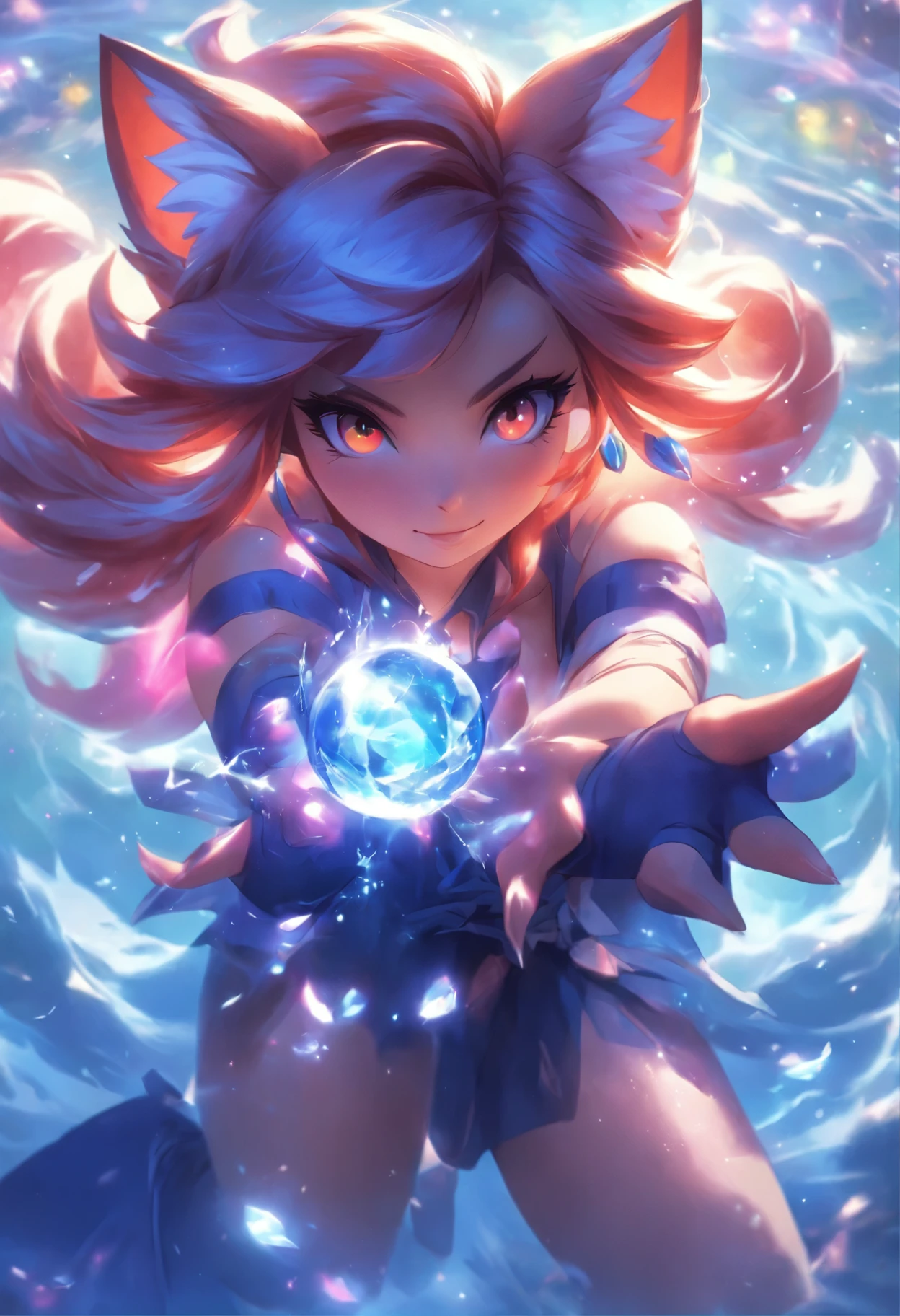 masterpiece, best quality, high resolution, More 1, crown, Sailor Senji, Blue sailor collar, bow, knee high boots, collar, White gloves, blue collar, elbow gloves, jewelry, earrings, blue skirt, Cowboy shooting, sphere, crystal ball, 1girl water yushu water,Ahri, Ahri \(League of Legends\), k/and \(League of Legends\), bloom \(League of Legends\),Animal ears, facial markings, fox ears, fox Tail, orange eyes, multiple Tails, Tail