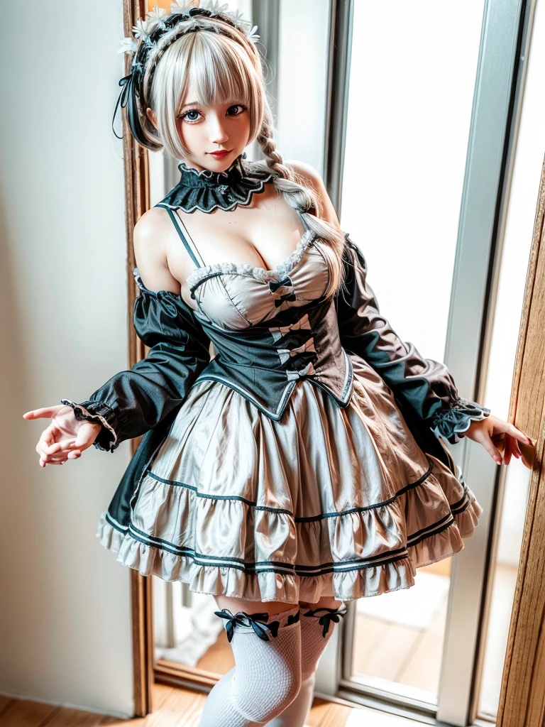 (8K, Photorealistic, Raw photo, of the highest quality: 1.3), (1girl in), Super beautiful, (Realistic face), (boyish, Silver Color Berry Shorthair), Beautiful , Glare that captivates the viewer, Beautiful expression, Beautiful breasts, (Realistic skin), Be...Super high quality, super high definition, super detailed, masterpiece, 20years old, female, cute, perfect face, beautiful, nice body, gothic lolita clothes, gothic lolita fashion, frilly skirt, headdress, necklace, bracelet, knee-high socks, boots, double eyelids, tear bags, Detailed down to the fingers, photo-like description, indoors, dim indoor lighting, big breasts, blonde hair, semi long, standing, whole body, composition that shows the whole body, smiling,Optimal ratio of 4 fingers and 1 thumb