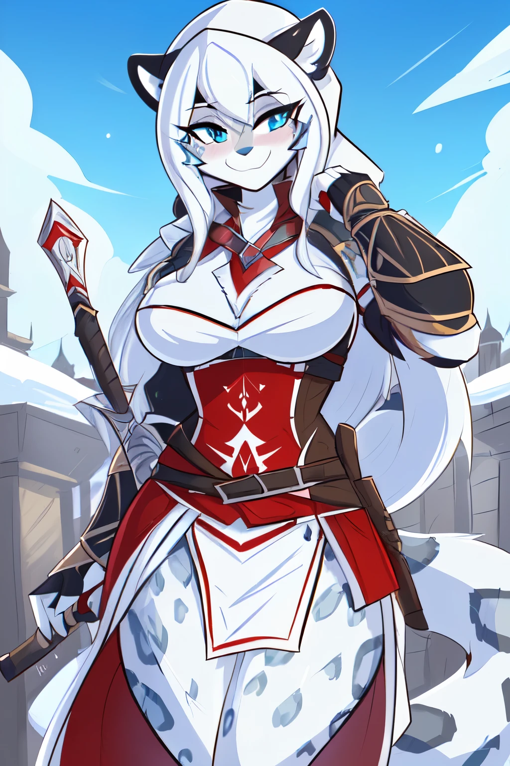 ((8k, 4k, Detailed, High quality, masterpiece, perfect anatomy)), Assassin's Creed, furry, female, mature female, ((by Kilinah, fluff-kevlar)), snow leopard, sexy body, breasts, cute face, long white hair, blue eyes, leopard tail, Assassin's Creed armor, Assassin's Creed outfit,