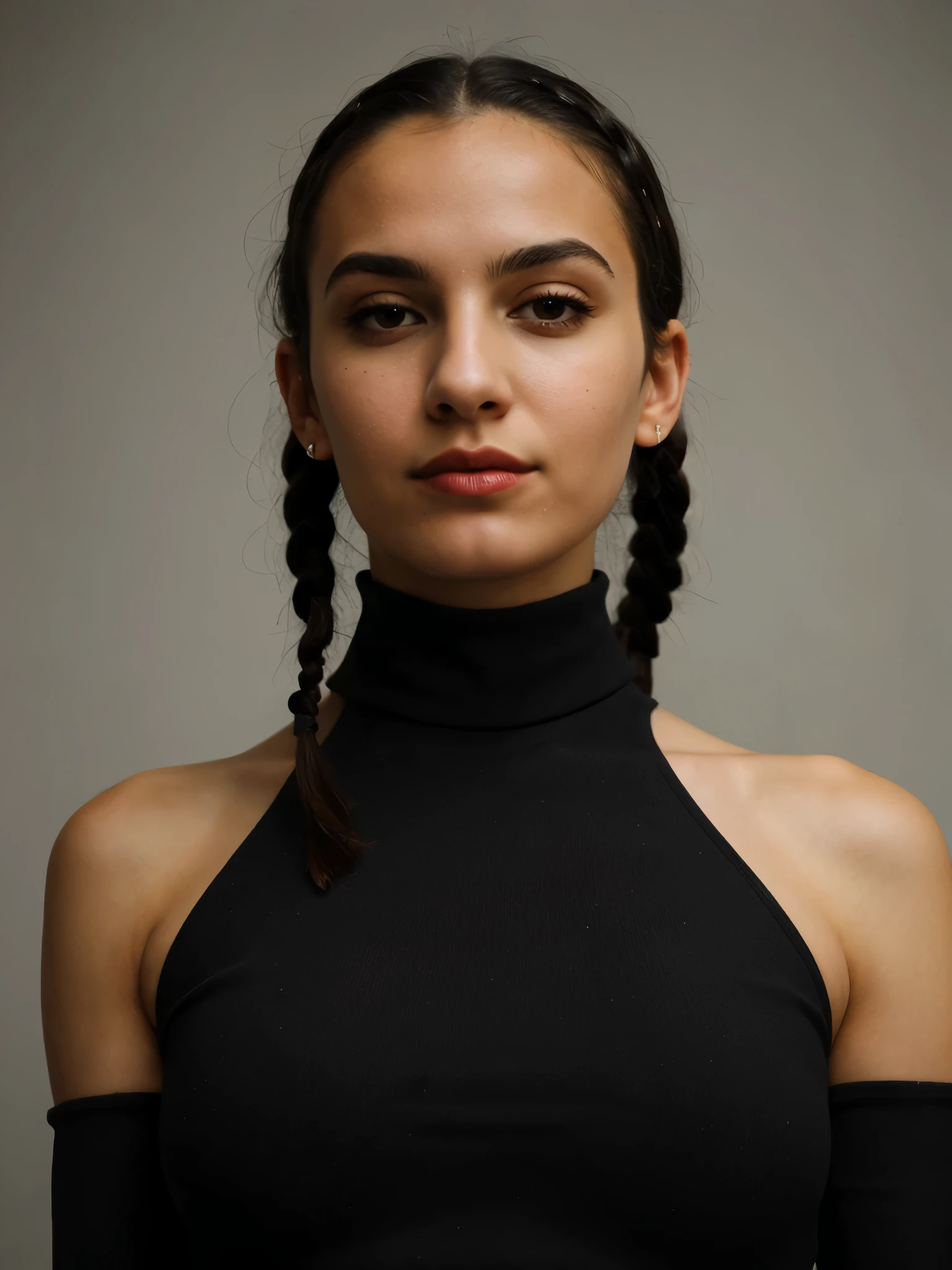 analog raw candid photo of a beautiful young Greek woman, realistic skin texture, black braided hair, slim, (closed mouth:1.1), dark red sleeveless cropped turtleneck dress, studio lighting, studio portrait, 35mm, perfect proportion, half body portrait 