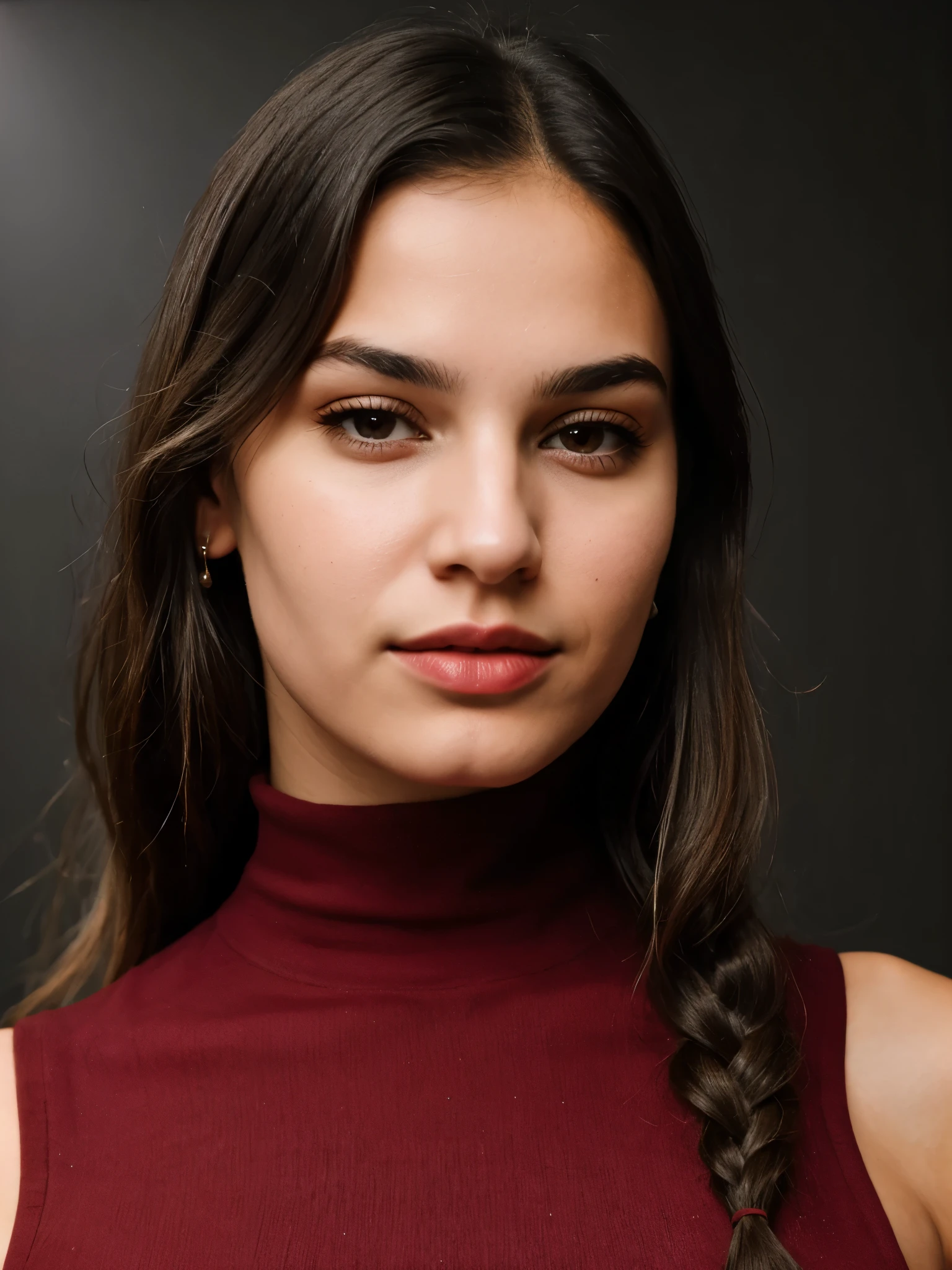 analog raw candid photo of a beautiful young Greek woman, realistic skin texture, black braided hair, slim, (closed mouth:1.1), dark red sleeveless cropped turtleneck dress, studio lighting, studio portrait, 35mm, perfect proportion, half body portrait 