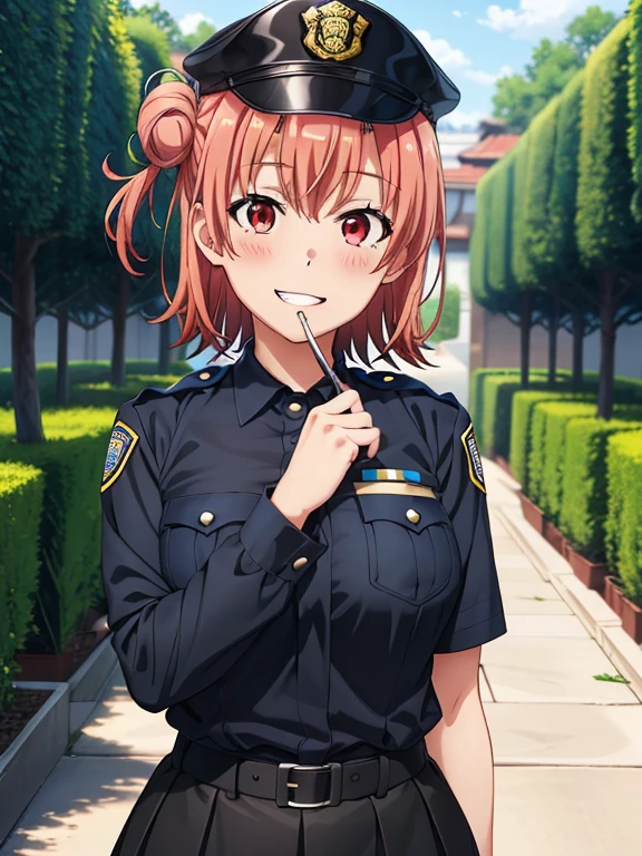 ((masutepiece, Best Quality, hight resolution, nffsw, Perfect Pixel, depth of fields, 4K, )), 1girl in, Solo, , Beautiful anime girl, Beautiful Art Style, 
standing:1.3, garden background, Looking at wevier. 
Perfect body, grin smile, police cap:1.4, police uniform:1.4,

Yuigahama Yui, Hair bun, short hair, large breasts, 

Full face blush, black skirt, red face, 
straight-on:1.3, medium shot