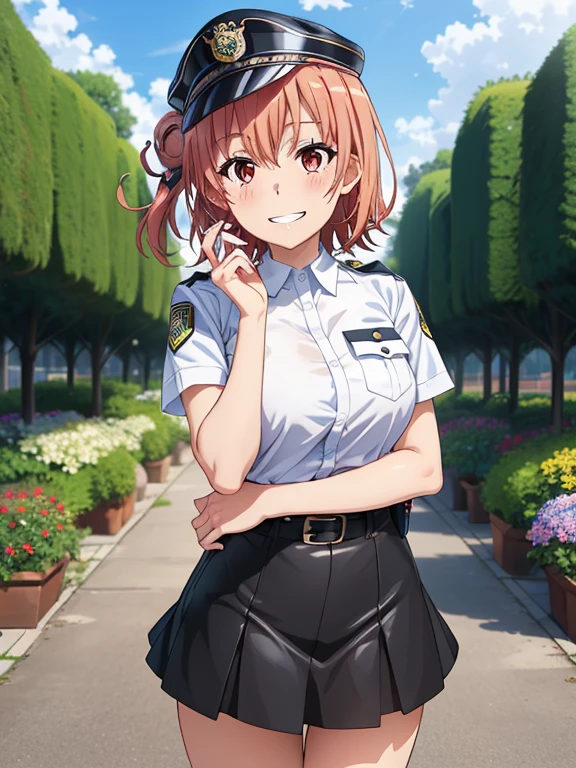 ((masutepiece, Best Quality, hight resolution, nffsw, Perfect Pixel, depth of fields, 4K, )), 1girl in, Solo, , Beautiful anime girl, Beautiful Art Style, 
standing:1.3, garden background, Looking at wevier. 
Perfect body, grin smile, police cap:1.4, police uniform:1.4,

Yuigahama Yui, Hair bun, short hair, large breasts, 

Full face blush, black skirt, red face, 
straight-on:1.3, medium shot