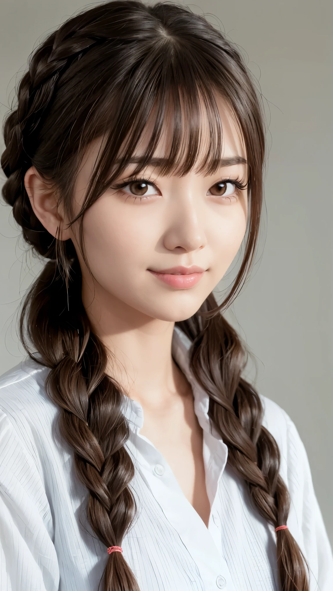 realistic, masterpiece, highest quality, highest resolution, one japanese woman, happy smile, detailed and beautiful eyes, black eye, thin eyebrows, Gives your eyelashes a delicate finish, false eyelashes, natural makeup, (braid hair, dull bangs, brown hair:1.2), detailed face, She is looking slightly to the side, but、Always watching the audience, A simple white button-down shirt, upper body photo, Portrait background
