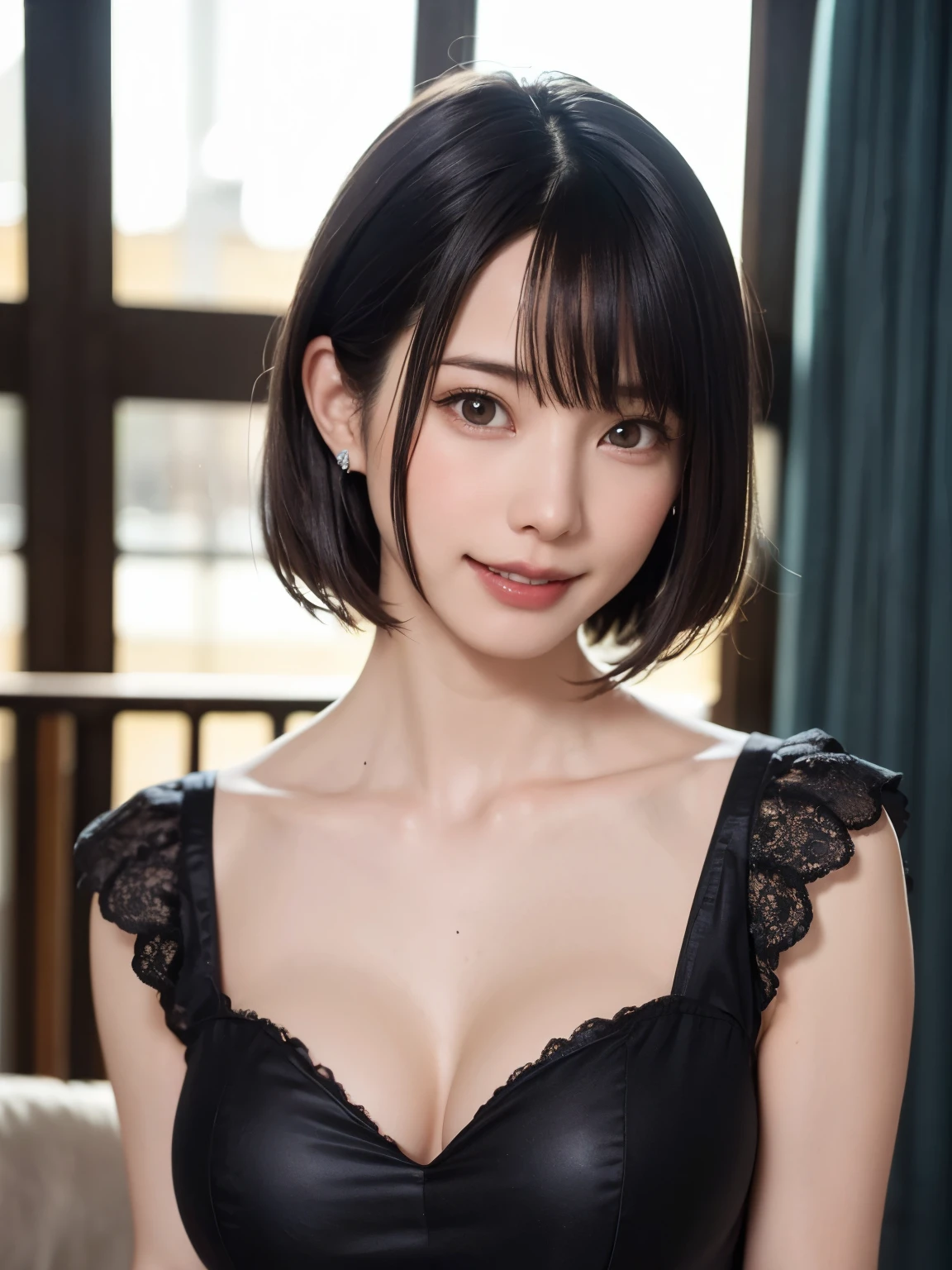 ((highest quality、best image quality、ultra high resolution、Drawn in ultra high definition、alone、look closely at the camera、light colored eyes))、1 girl、realistic、Depth of written boundary、natural soft light、daytime、charm、beautiful face、cleanliness、pure face、white skin、cute、short hair、beach、Light of the sun、nadium chest、Full body Esbian、((light dark blue sweater、Money is more important than beauty、Very beautiful big、Beautiful and very large udder、chestが開いた、show to audience、expose your waist、publish one'shoulder、chestを見せるために前かがみになる))、long neck、show me your ears、Clean short bob hair with bangs、とてもsmile、perfect fingers、perfect hands、perfect body、perfect face、Shine a light into your eyes、perfect anatomy、tall supermodel、Supermodel with long legs、Supermodel with a long neck、広いshoulder、arms should be lowered to the sides、stand、chestより少し上、bright windowsill background、smile at the audience、laughter、smile、that'that'that's very big today、beautiful teeth、beautiful teeth alignment、chestが大きく開いた状態、beautiful decollete、Very beautiful sexy woman with a lot of exposure、Pay attention to your audience、Look up at the viewer slightly above.....、slightly upward、shadow fade、{huge|big|hugeな|mega} chest:1.9, cleavage:1.9