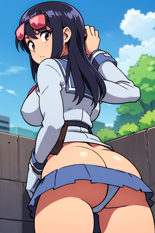 cowgirl's massive rear butt cheeks from behind out of bottomless trench coat out bare and wet school mini skirt spreading her legs, gloved hands hidden behind head, sunglasses