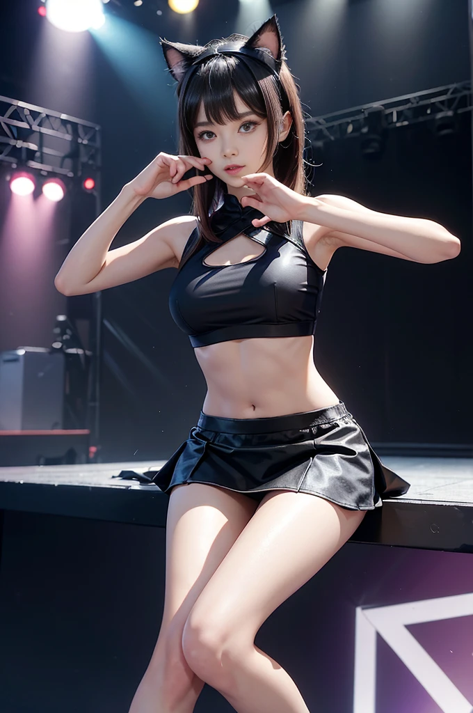 Bangs, Cat ear headbands, Ideally , have, 印have文字的短款系带 T 恤, Abdominal muscle stomach, short skirt, leg, sitting, low field of view, (stage background), bright colors, studio lights, soft light, dim lights, 3d animation