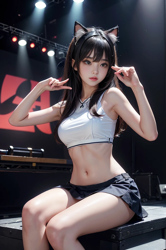 Bangs, Cat ear headbands, Ideally , have, 印have文字的短款系带 T 恤, Abdominal muscle stomach, short skirt, leg, sitting, low field of view, (stage background), bright colors, studio lights, soft light, dim lights, 3d animation