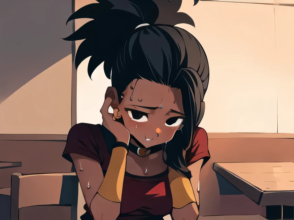 artwork, best quality, Kale, black eyes,black pupils, ponytail, top cut, armband, wearing Japanese , torso, standing, looking at viewer, nervous, sitting in a restaurant chair, while an expression of contemplation and serenity appears in her eyes. The camera's viewing angle is close, capturing every detail of the character's face, highlighting her beauty and the calm, intimate atmosphere of the moment,Light brown girl, black hair, shy look, nsfw, heat, in love, looking at the viewer ,heart-shaped pupils,nails,hands on own face, choker,torso,trembling,sweat,sweatdrop,heart,medium breasts,  Love, heart, top cut, happy, smile, 
