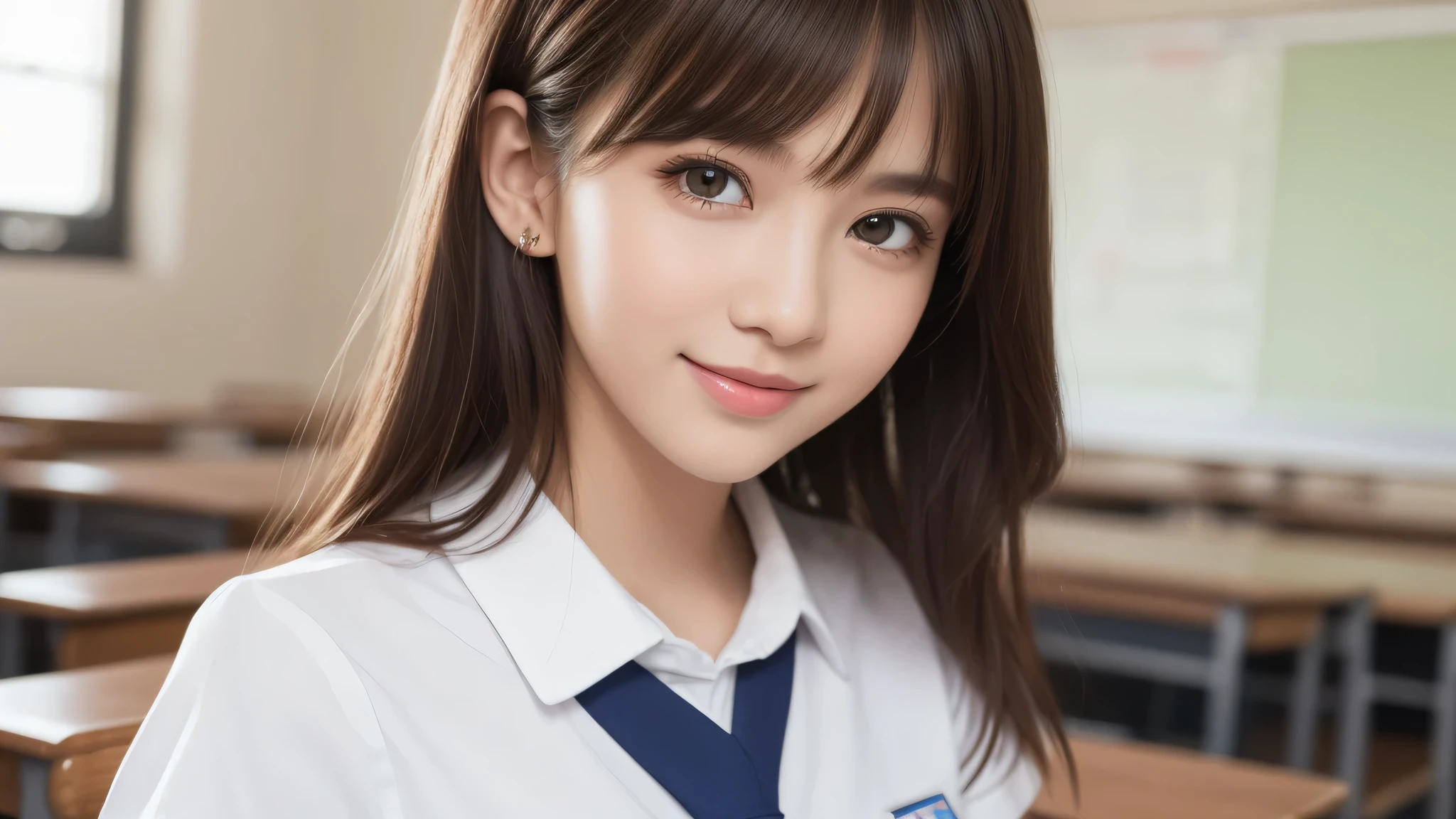 (1girl), beautiful face, Amazing face and eyes, delicate, (Best Quality:1.4), (Ultra-detailed), (extremely detailed beautiful face), (princess hair cut style), cute smile, brown eyes, (highly detailed Beautiful face), (short sleeves school uniform:1.3), (extremely detailed CG unified 8k wallpaper), Highly detailed, High-definition raw color photos, Professional Photography, Realistic portrait, Extremely high resolution, modern, trendy, fashionable, school, classroom