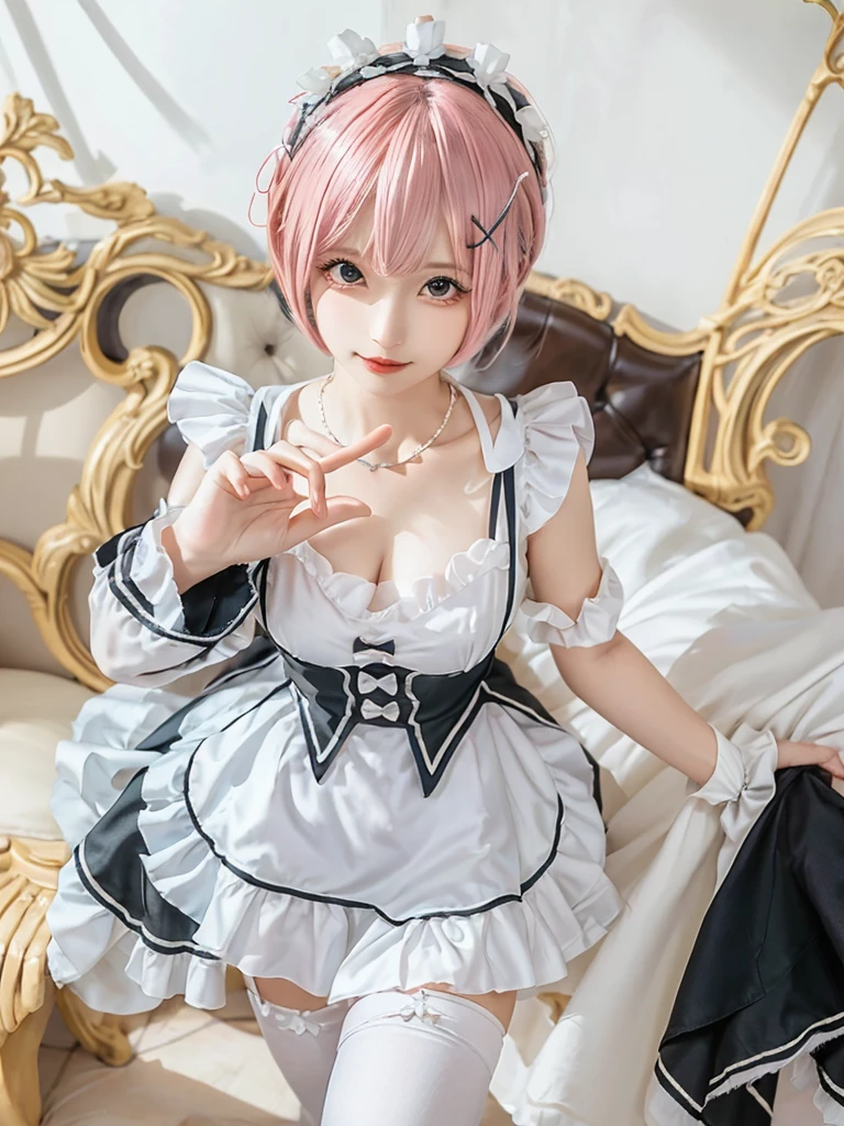 (8K, Photorealistic, Raw photo, of the highest quality: 1.3), (1girl in), Super beautiful, (Realistic face), (boyish, pink Color Berry Shorthair), Beautiful , Glare that captivates the viewer, Beautiful expression, Beautiful breasts, (Realistic skin), Be...Create a detailed and colorful image of Ram and Rem from Re:Zero, standing back-to-back in their maid outfits, with a magical fantasy background、ars old, two girls,cute, perfect face, beautiful, nice body, gothic lolita clothes, gothic lolita fashion, frilly skirt, headdress, necklace, bracelet, knee-high socks, boots, double eyelids, tear bags, Detailed down to the fingers, photo-like description, indoors, dim indoor lighting, one girl is pink hair and short bob, another girl is light blue hair and short bob,standing,whole body, composition that shows the whole body, smiling,The Both of them are wearing the same type of maid outfit