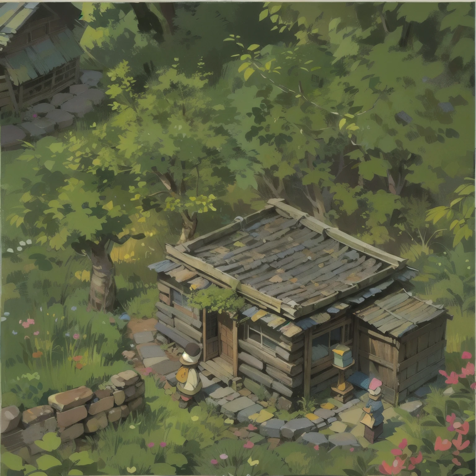 small stone house in the forest hand painted isometric