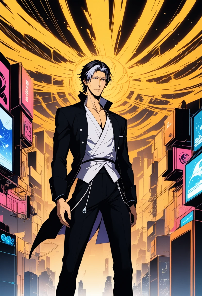 1boy, Sosuke Aizen, Bleach, A master manipulator with godlike abilities, Aizen keeps viewers guessing with his schemes, (masterpiece), (best quality), (ultra-detailed), very aesthetic, illustration, disheveled hair, perfect composition, moist skin, intricate details, anime artwork, anime style, key visual, vibrant, studio anime, highly detailed, Anime line art, lineart, line art, flat colors, flat color