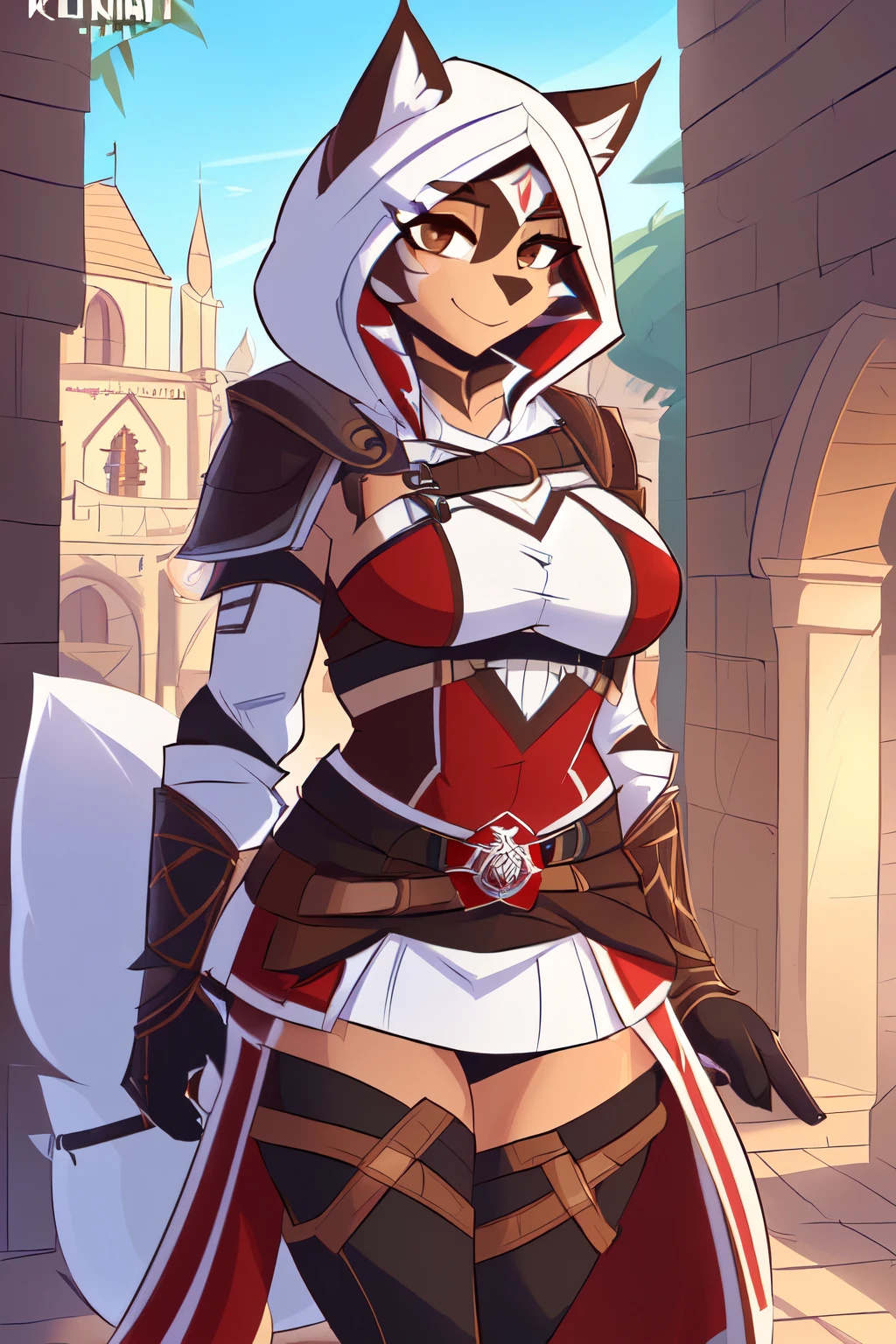 ((8k, 4k, Detailed, High quality, masterpiece, perfect anatomy)), Assassin's Creed, furry, female, mature female,(( by Kilinah, fluff-kevlar)), husky, sexy body, breasts, cute face, brown eyes, fluffy tail, Assassin's Creed armor, Assassin's Creed outfit,