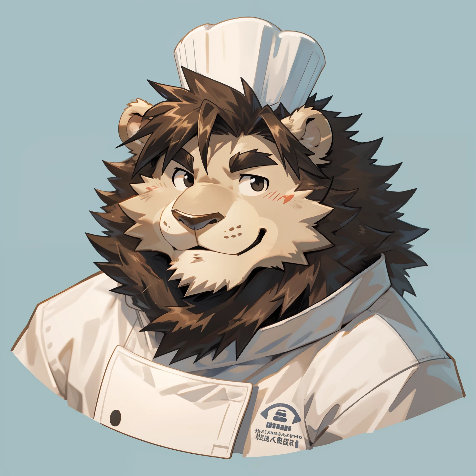 Scribble lion face,cute face,Humanity(lion), (brown hair:1.3),Smile,Chef Hat,(Black eyebrows:1.1),（one eye closed:1.2）,(perfect black eyes:1.4),simple background, blue background,print style。（Artist:Takemoto Arashi）