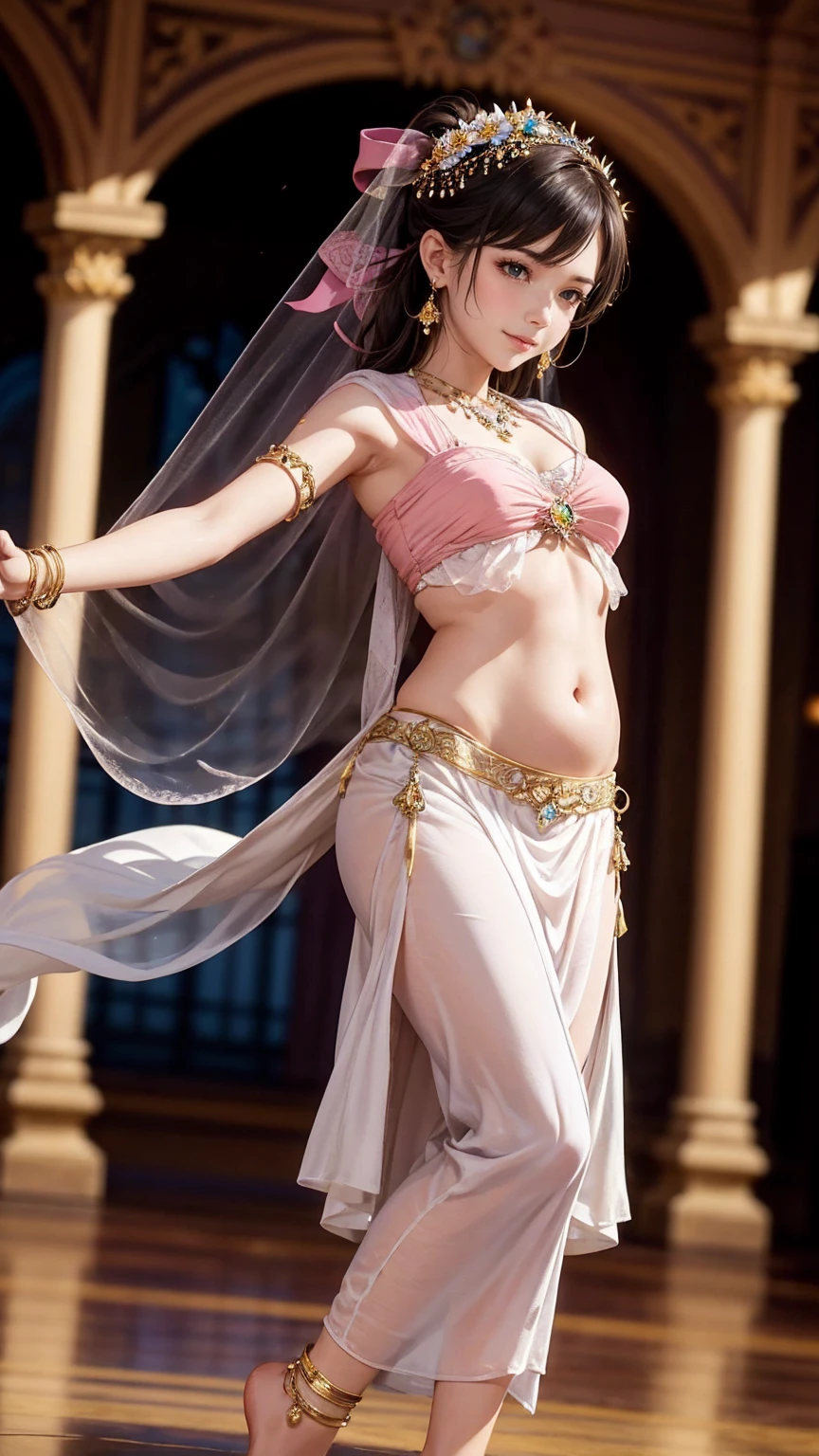 Light pink and light sky blue style, (masterpiece), (best image quality: 1.5), super high resolution, original photos, detailed skins, beautiful lighting, (realistic, realistic: 1.4), 1girl, Dunhuang, full body, blue sky, white clouds, (dunhuang_cloths:0.6)