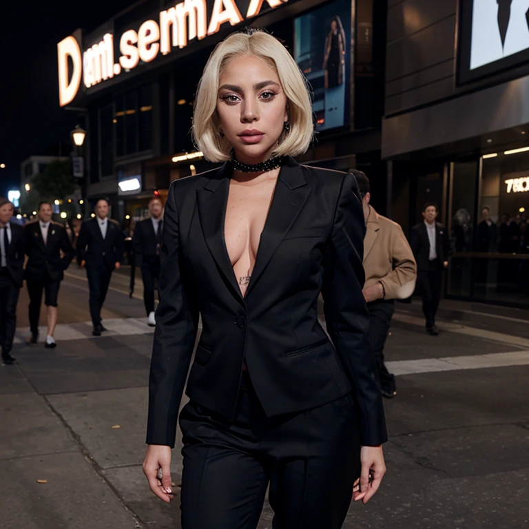 Lady Gaga dressed in a blazer and dress pants