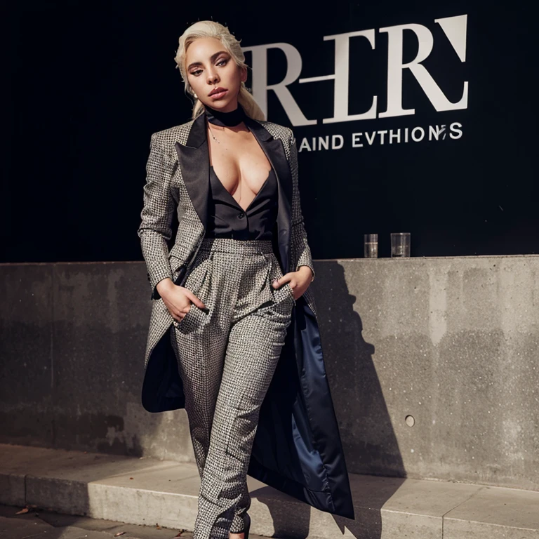 Lady Gaga dressed in a blazer and dress pants