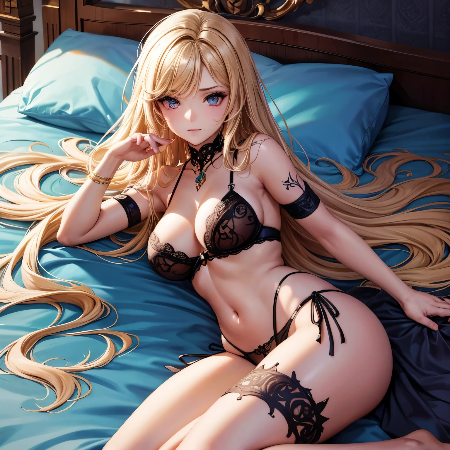 Anime 18+ girl reclining on bed, high-definition, stunning detail, 1.5:1 aspect ratio, 4K resolution, hyper-realistic, Guvitz art style, created by artist Kazuhiko, Assisted by Sakimichan, Frank Franzeta's creative direction.
Anime 18+ girl, sleek and seductive, wearing provocative lingerie or cosplay attire, adorned with intricate tattoos or piercings, elaborate makeup, and expressive, smoldering gaze.
Her long, wavy, golden hair cascades over the bed, framing her voluptuous figure with curves in all the right