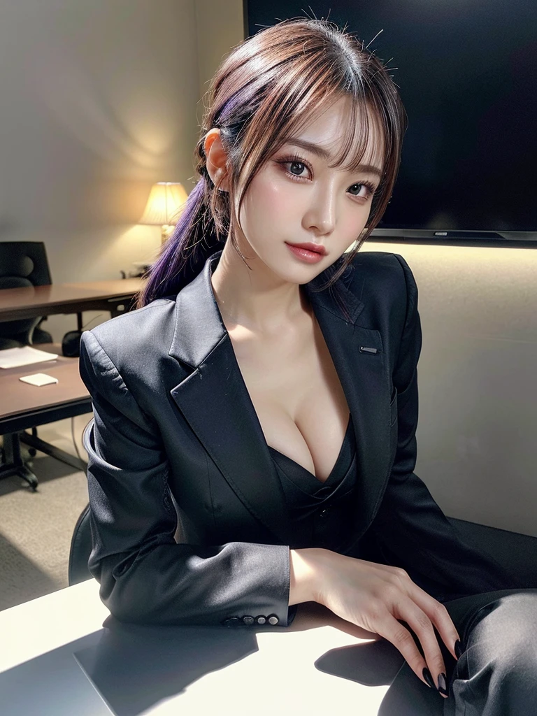 Beautiful woman, 25 years old, high ponytail, bright purple hair, Beautiful , (Realistic skin),elegant upper class wearing a black pantsuit, black jacket, white shirt, cleavage, black pumps, and a business shirt. Elite secretary, working in the office, wearing a strict business suit, pantsuit style, wearing luxury high heels, girl wearing a shirt, wearing a business suit, wearing a business suit, black nail art, business Wearing a suit, Businessman, Business clothes, Wearing a black business suit, Wearing a shirt and jacket, Woman in a business suit, Business suit, Business attire, Raw photo, (8K, highest quality, Masterpiece: 1.2), (Complex Detail: 1.4), (Photoreal: 1.4), Octane Rendering, Complex 3D Rendering Super Detail, Studio Soft Light, Rim Light, Vibrant Detail, Super Detail, Realistic Skin texture, surface details, beautifully detailed eyes, highly detailed CG Unity 16k wallpaper, supplement, (detailed background:1.2),