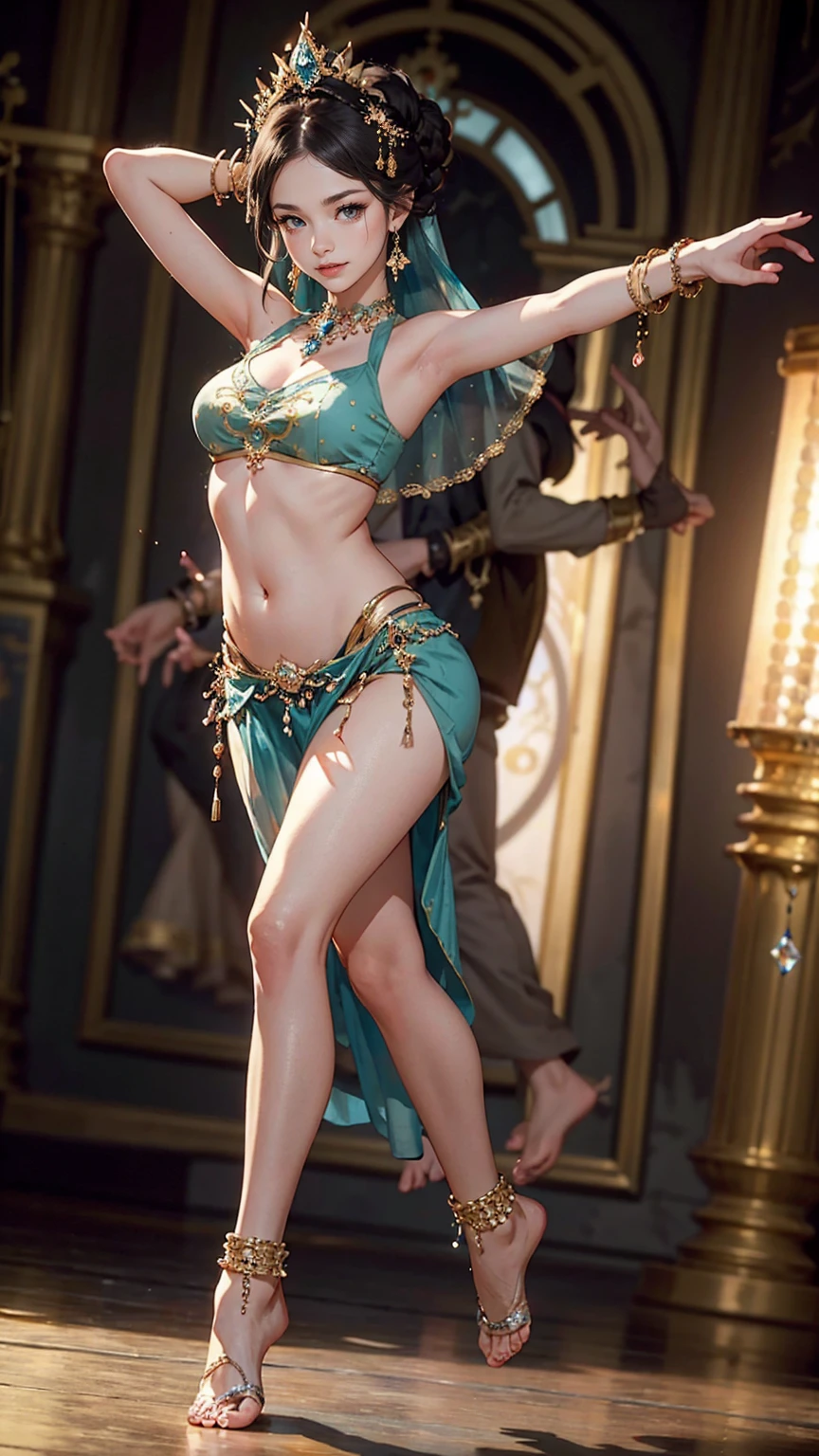 (best quality,realistic,ultra-detailed),1920s flapper girl,dancing in a speak easy,seductive,energetic,flamboyant,crowded venue,ornate patterns,shimmering lights,rich colors,ornate clothing,feathers and fringes,sparkling accessories,feather headband,bobbed hair,jazz music playing,dynamic pose,short skirt,tight fitting dress,shaking her ass,average breast,bustling atmosphere,detailed facial expression,vibrant energy,celebration,having fun