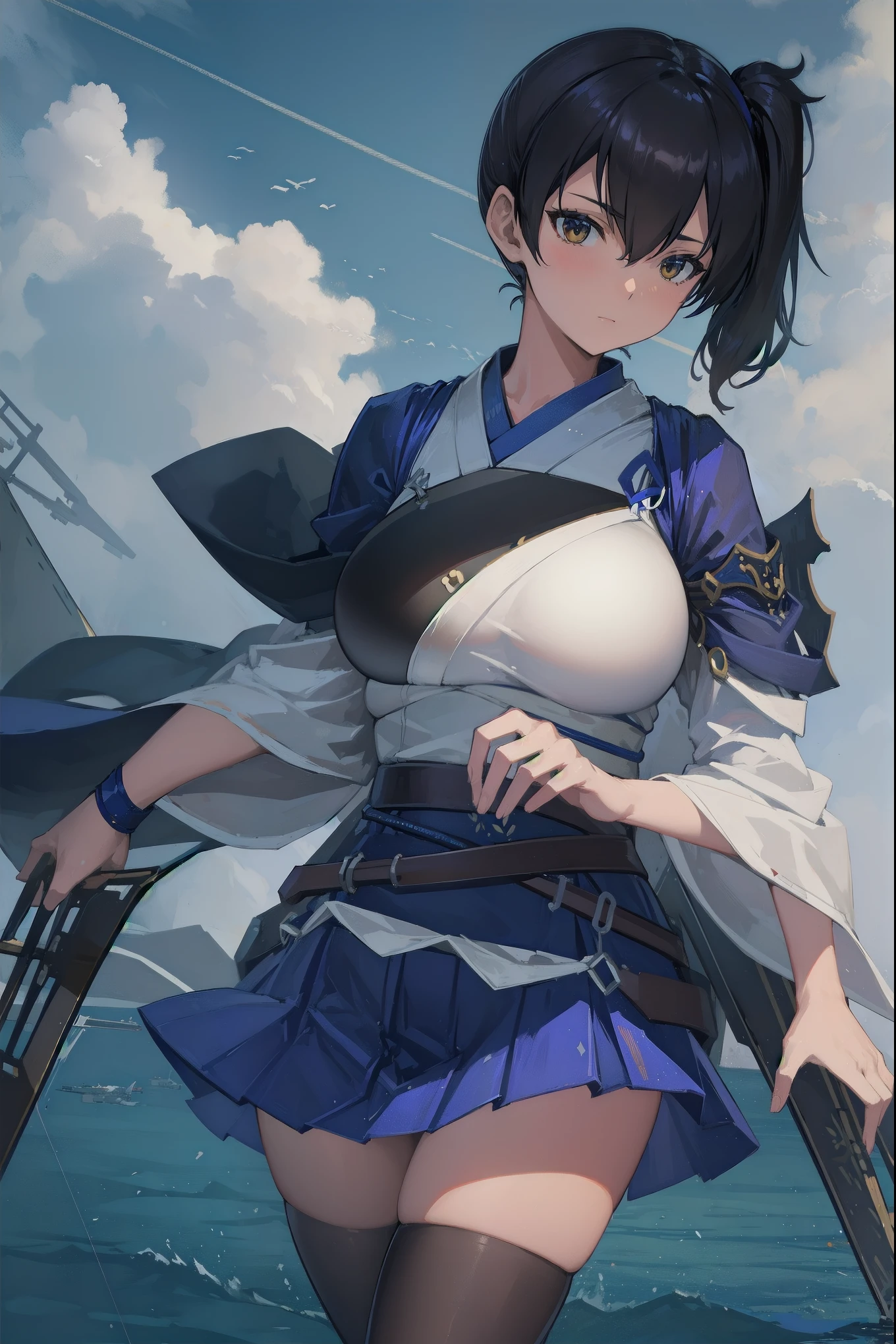 Kaga(Fleet Collection),highest quality, masterpiece, High resolution,kimono,blue skirt,side ponytail,big_breasts,