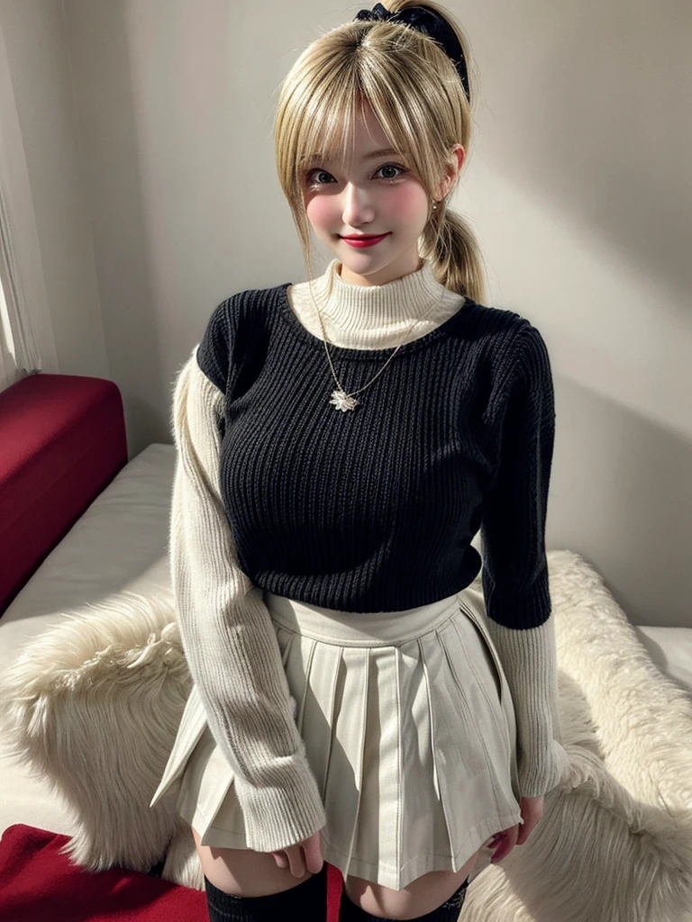 Super high quality, super high definition, super detailed, masterpiece, 20 years old, female, cute, nice body, perfect face, beautiful, white knit sweater, winter clothes, pleated skirt, red and black checked skirt, long skirt,necklace, bracelet, knee-high socks, boots, double eyelids, tear bags, fingers. Detailed, photo-like description, big breasts,indoors, dim indoor lighting, blonde hair, pony tail,standing, whole body, composition that shows the whole body, smiling,Optimal ratio of 4 fingers and 1 thumb