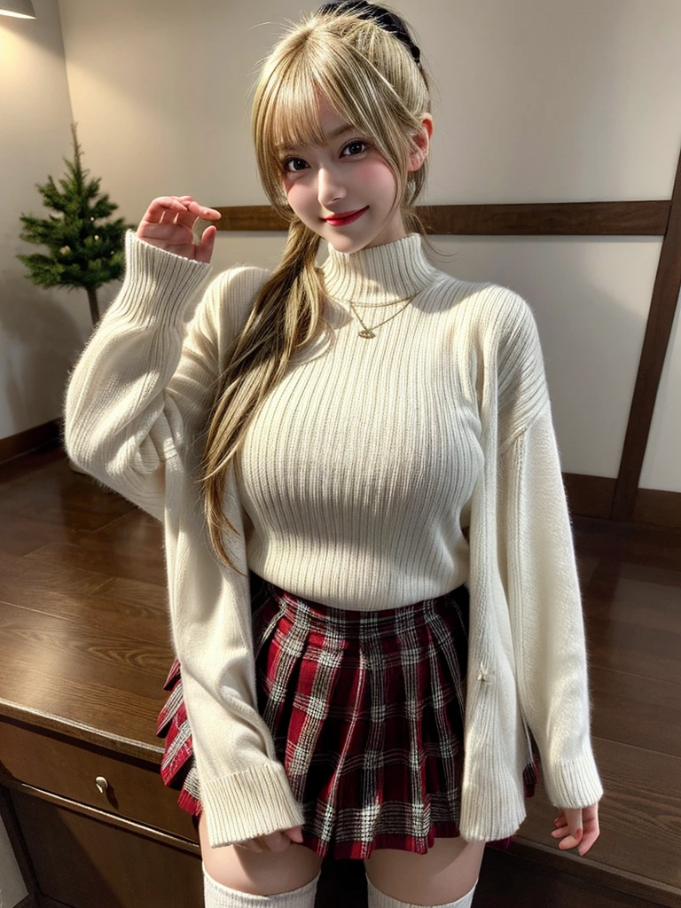 Super high quality, super high definition, super detailed, masterpiece, 20 years old, female, cute, nice body, perfect face, beautiful, white knit sweater, winter clothes, pleated skirt, red and black checked skirt, long skirt,necklace, bracelet, knee-high socks, boots, double eyelids, tear bags, fingers. Detailed, photo-like description, big breasts,indoors, dim indoor lighting, blonde hair, pony tail,standing, whole body, composition that shows the whole body, smiling,Optimal ratio of 4 fingers and 1 thumb
