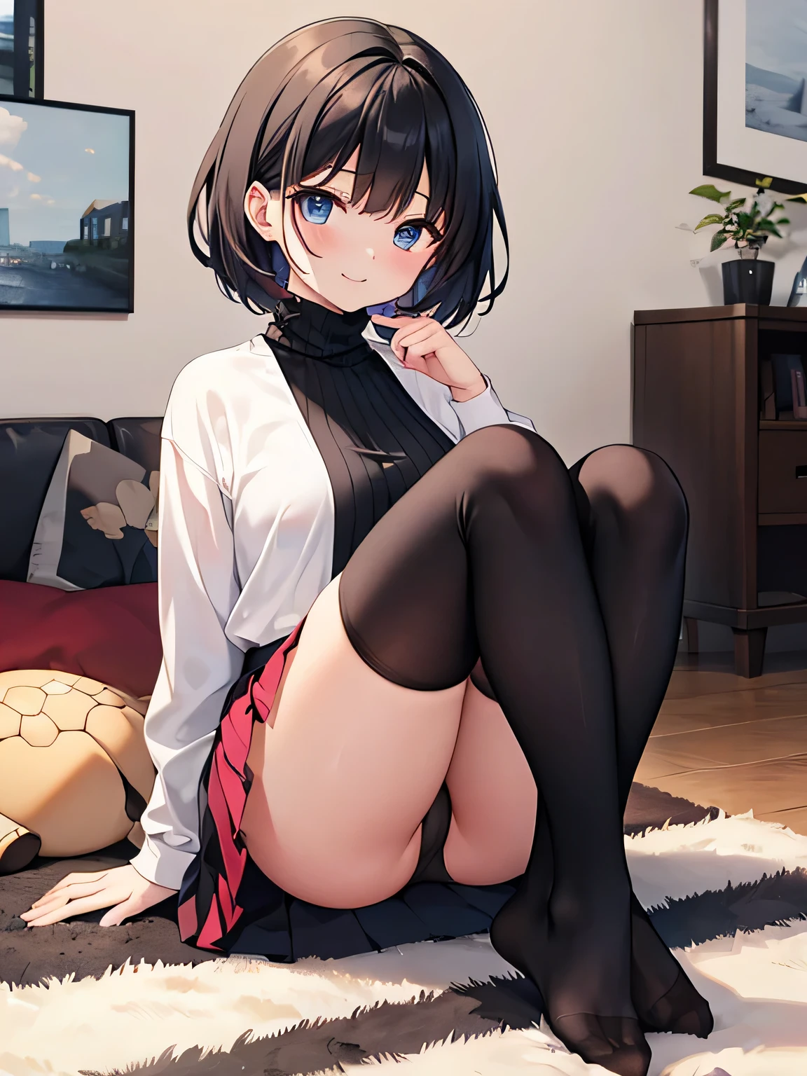 (masterpiece、highest quality、High resolution、realistic pictures、real looking skin:1.1)、
(A woman is sitting on the floor with her knees raised:1.9)、
(A woman&#39;s body is mine々Since she is facing directly ahead, her panties are visible.:1.8)、
(The skirt is so short that her panties are visible:1.8)、
(she has a grin on her face:1.5)、
(She is wearing a black short-sleeved turtleneck.:1.8)、
(She is wearing a red pleated mini skirt.:1.8)、
(She is wearing black high socks:1.8)、
(Her hairstyle is short black hair:1.5)、
(The panties are pink and simple cotton.:1.5)、
(Location: Living room of an apartment:1.5)、
1 Japanese girl、solo、full body esbian、beautiful eyes、shining eyes、Shining thighs、NSFW