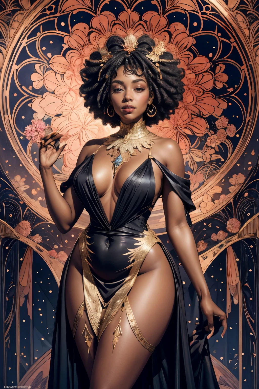 Capture the essence of a stunning black woman, with a radiant dark skin tone, wearing an exquisite crested crane designed dress. The dress beautifully embraces her curvaceous figure, accentuating her elegant half body shot. She stands confidently in a building adorned with sculptures and walls intricately designed with mesmerizing cubism art squares in vibrant shades of red, blue, and white. The play of colors creates a visual spectacle, reflecting the woman's artistic and creative spirit. A brilliant and vibrant light shines upon her, illuminating the scene with an ethereal glow, adding to the overall enchantment of the imagery.