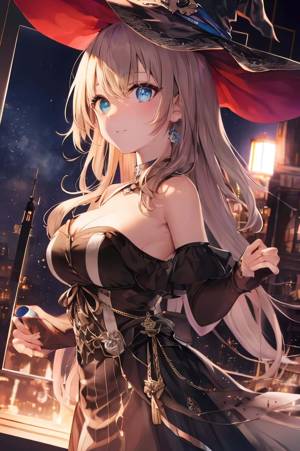 (table top.highest quality).(dynamic angle). (CG painting with very impressive details),(perfect image)、comic strip.shape.1 girl.detailed face、perfect face.delicate face、1 girl, alone, (witch hat), blonde hair, long hair, dress, aurora, night, star (null), mitt, null, White dress, night days、rough skin、black hair.length、((beautiful blue eyes)).delicate and beautiful eyes、fine eyes、reflected eyes、smile.(look at the audience:1.3).(face is a little red:0.8)、8k wallpaper、cowboy shot、reflected light、most detailed、Complex、delicate background、rough skin、fine skin、(super resolution)、