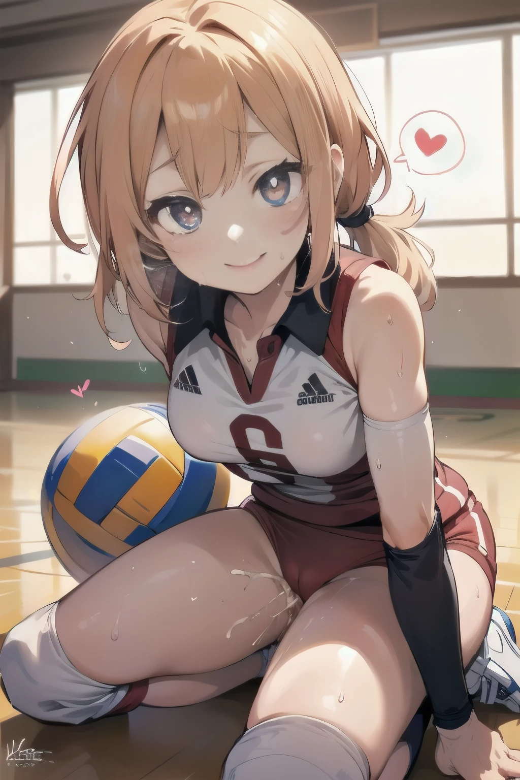 unity 8k wallpaper, anatomically correct, (((masterpiece))), (((best quality))), (((ultra detailed))), (((high-resolution))), ((Ultimate cutie)), perfect hands, perfect finger, (((good anatomy))), detailed beautiful face, shiny hair, (((gyaru))), (potbelly), (curvy), medium breasts, ((Thick thighs)), (((solo))), ((seductive smile)), (((blush))), (Eyes are heart marks), (heart shaped pupils), ((trembling)),
BREAK, (((sit astride the perfectly spherical shape 6-inch volleyball))), (((Straddling a perfectly spherical 6" volleyball))), (((Perfectly spherical 6" volleyball fits perfectly crotch))), BREAK, (((Rub the Perfectly spherical 6" volleyball against crotch))), (masturbation),
BREAK, adidas, (Collared volleyball uniforms), sleeveless, ((buruma)), ((kneepad)), ((pussy juice stained)), (elbow pad), (((sweat))), (((covered in sweat))), ((deep breathing)), in Volleyball Court, indoor, lighting, looking at viewer, full body, (spoken heart)