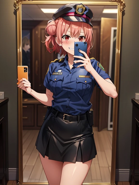 ((masutepiece, Best Quality, hight resolution, nffsw, Perfect Pixel, depth of fields, 4K, )), 1girl in, Solo, , Beautiful anime girl, Beautiful Art Style, 
standing:1.3, hause background, Looking at wevier. 
Perfect body, grin smile, selfie in mirror:1.4, police cap:1.4, police uniform:1.4,

Yuigahama Yui, Hair bun, short hair, large breasts, 

Full face blush, black skirt, red face, 
straight-on:1.3, medium shot