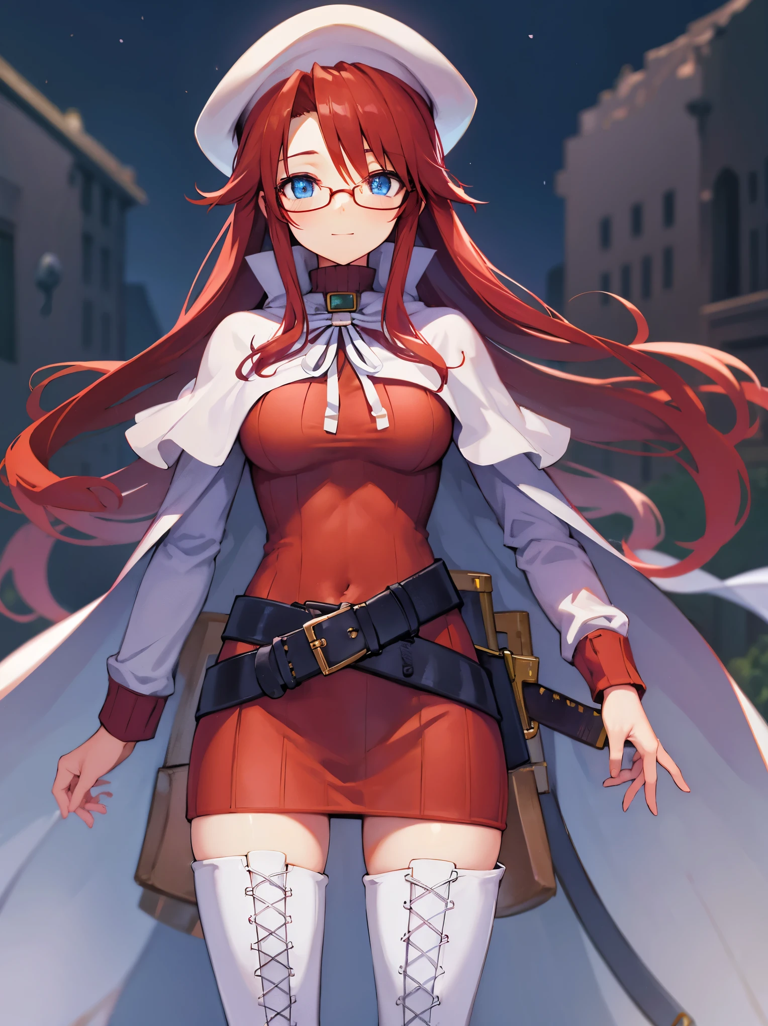 summonnightaty, aty, long hair, blue eyes, red hair, beret, hat, glasses,
BREAK long hair, thighhighs, hat, dress, boots, glasses, belt, cape, sweater, zettai ryouiki, beret, thigh boots, white footwear, ribbed sweater, loose belt,solo,
BREAK outdoors, fantasy,on_a_ship,
BREAK (masterpiece:1.2), best quality, high resolution, unity 8k wallpaper, (illustration:0.8), (beautiful detailed eyes:1.6), extremely detailed face, perfect lighting, extremely detailed CG, (perfect hands, perfect anatomy),covered_nipples,covered_navel,light_smile ,(half_eyes:1.4),sword,armpit,sleepy,dynamic_standing,barrel,red_sweater,apart_legs,magical_effect,pulmp,big_tits,