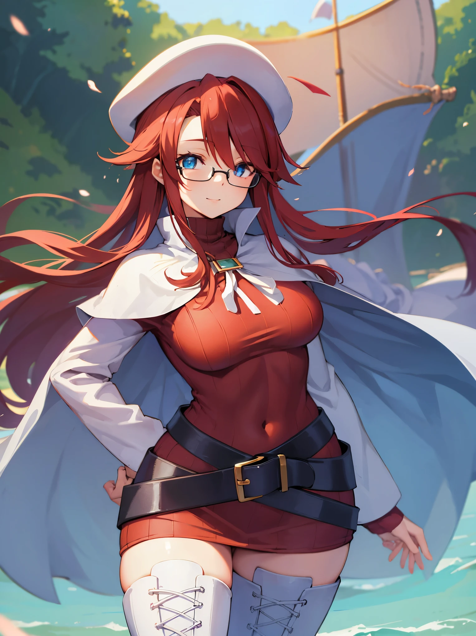 summonnightaty, aty, long hair, blue eyes, red hair, beret, hat, glasses,
BREAK long hair, thighhighs, hat, dress, boots, glasses, belt, cape, sweater, zettai ryouiki, beret, thigh boots, white footwear, ribbed sweater, loose belt,solo,
BREAK outdoors, fantasy,on_a_ship,
BREAK (masterpiece:1.2), best quality, high resolution, unity 8k wallpaper, (illustration:0.8), (beautiful detailed eyes:1.6), extremely detailed face, perfect lighting, extremely detailed CG, (perfect hands, perfect anatomy),covered_nipples,covered_navel,light_smile ,(half_eyes:1.4),sword,armpit,sleepy,dynamic_standing,barrel,red_sweater,apart_legs,magical_effect,pulmp,big_tits,