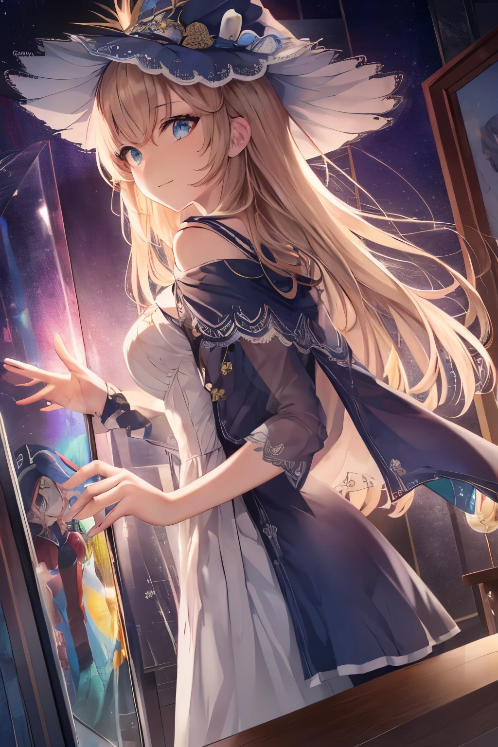 (table top.highest quality).(dynamic angle). (CG painting with very impressive details),(perfect image)、comic strip.shape.1 girl.detailed face、perfect face.delicate face、1 girl, alone, (witch hat), blonde hair, long hair, dress, aurora, night, star (null), mitt, null, White dress, night days、rough skin、black hair.length、((beautiful blue eyes)).delicate and beautiful eyes、fine eyes、reflected eyes、smile.(look at the audience:1.3).(face is a little red:0.8)、8k wallpaper、cowboy shot、reflected light、most detailed、Complex、delicate background、rough skin、fine skin、(super resolution)、