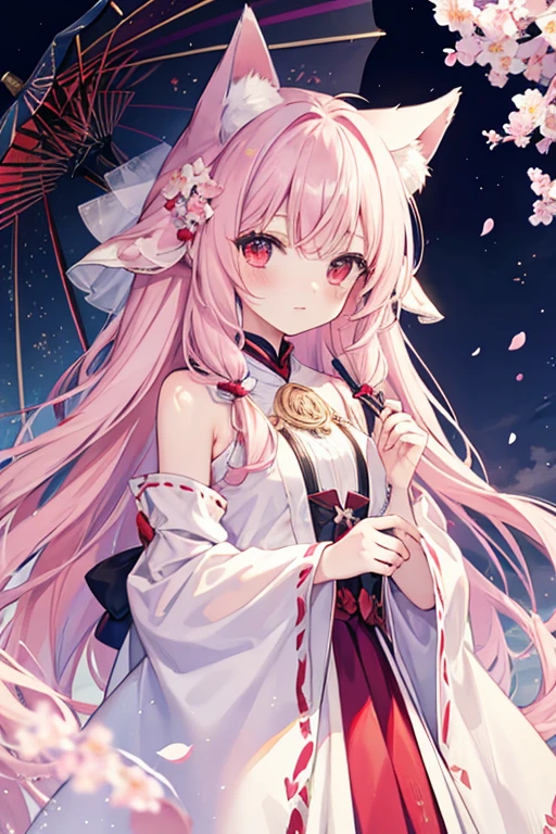 Fox ears, Fox tails, ( masterpiece、top-quality、top-quality、watercolor paiting(Curly)、Official art、Beautifully Aesthetic:1.2)、(1girl in:1.3)、(Fractal Art:1.3)、patterns、(rainbow-colored hair、colourful hair、Half blue and half light pink hair:1.2)、Eau、liquids、 clouds、starrysky、stele、((Rain)),(((cherryblossom))),
1girll, solo, Red Eyes,white haired god,Long whit hair,head gear,Best Shadow, shallowdepthoffield, stunningly beautiful girl, , Delicate, beautiful attractive face, masutepiece, Best Quality,Sprinkle with artistic