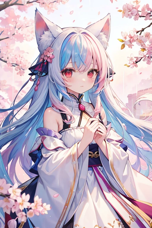 Fox ears, Fox tails, ( masterpiece、top-quality、top-quality、watercolor paiting(Curly)、Official art、Beautifully Aesthetic:1.2)、(1girl in:1.3)、(Fractal Art:1.3)、patterns、(rainbow-colored hair、colourful hair、Half blue and half light pink hair:1.2)、Eau、liquids、 clouds、starrysky、stele、((Rain)),(((cherryblossom))),
1girll, solo， Red Eyes，white haired god，Long whit hair，head gear，Best Shadow, shallowdepthoffield, stunningly beautiful girl, , Delicate, beautiful attractive face, masutepiece, Best Quality,Sprinkle with artistic 