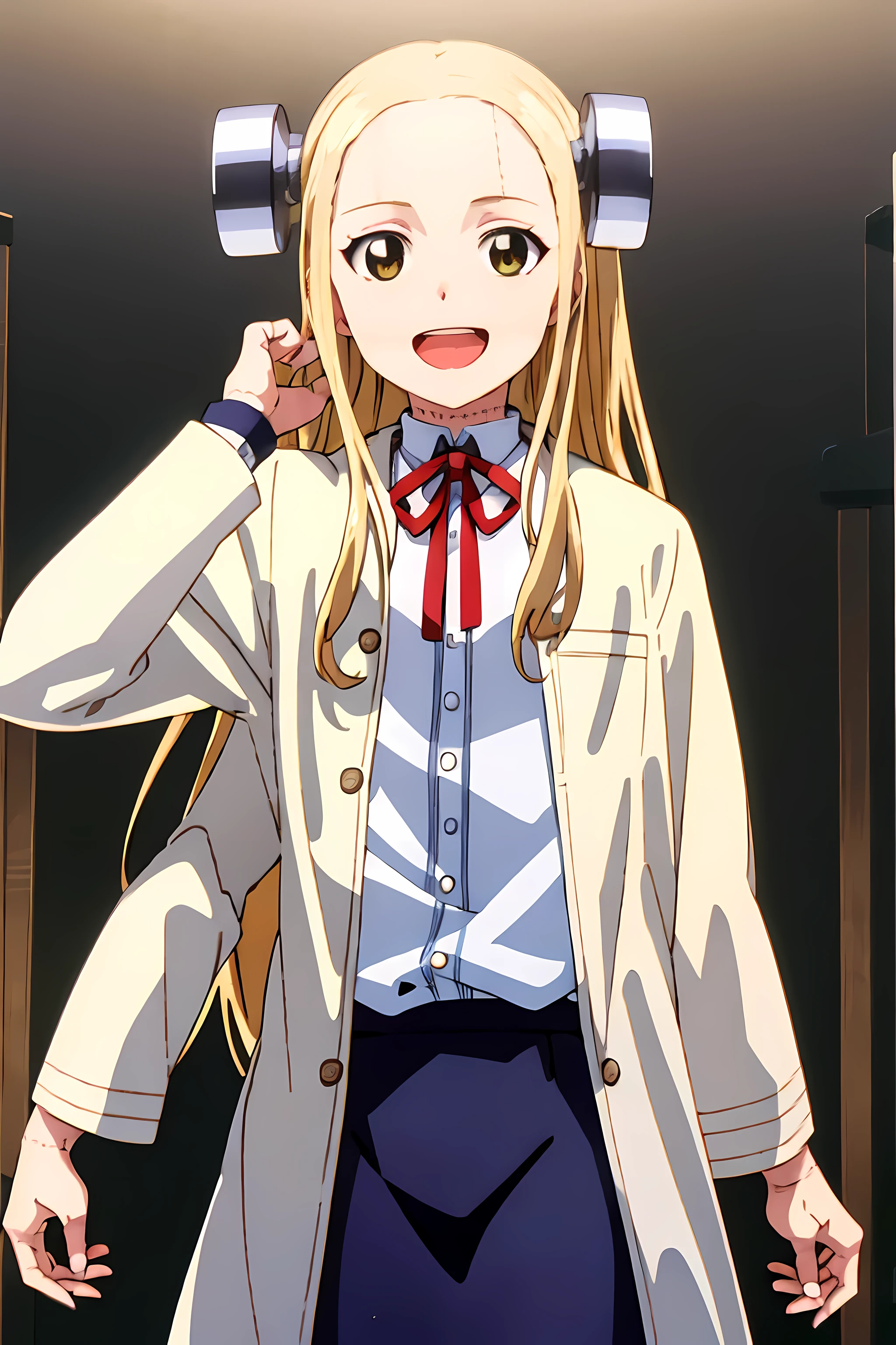 (highest quality:1.3),(ultra-become familiar with:1.5),High resolution,extremely become familiar with CG,unity 8k wallpaper,official art,become familiar with,super become familiar with skin,perfect anatomy,beautiful become familiar with eyes,(anime screenshot:1.11),very delicate and beautiful,(90s anime,90s anime style,cel shaded anime:1.17),1 girl,anmnr,
((madaraki_fran:1.52)),Light blonde long hair,brown eyes,((((wearing a white coat)))),stitch,body scars,creepy look,open mouth smile,