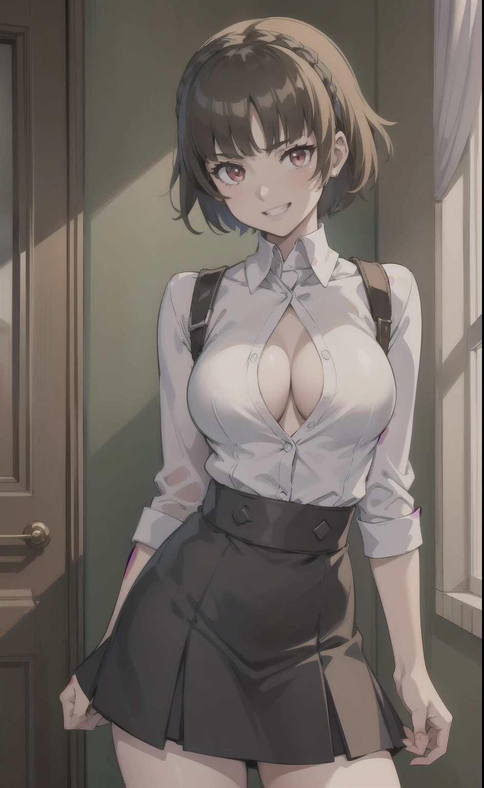 { masterpiece : best quality : high resolution : unity 8k wallpaper : illustration } { Background = inside a creepy room } { Makoto Niijima : short hair : braided around top hair : red eyes : perfect fit body : perfect small shape breast : white unbutton shirt : cleavage: : skirt : standing : perverted wide smile : grin }