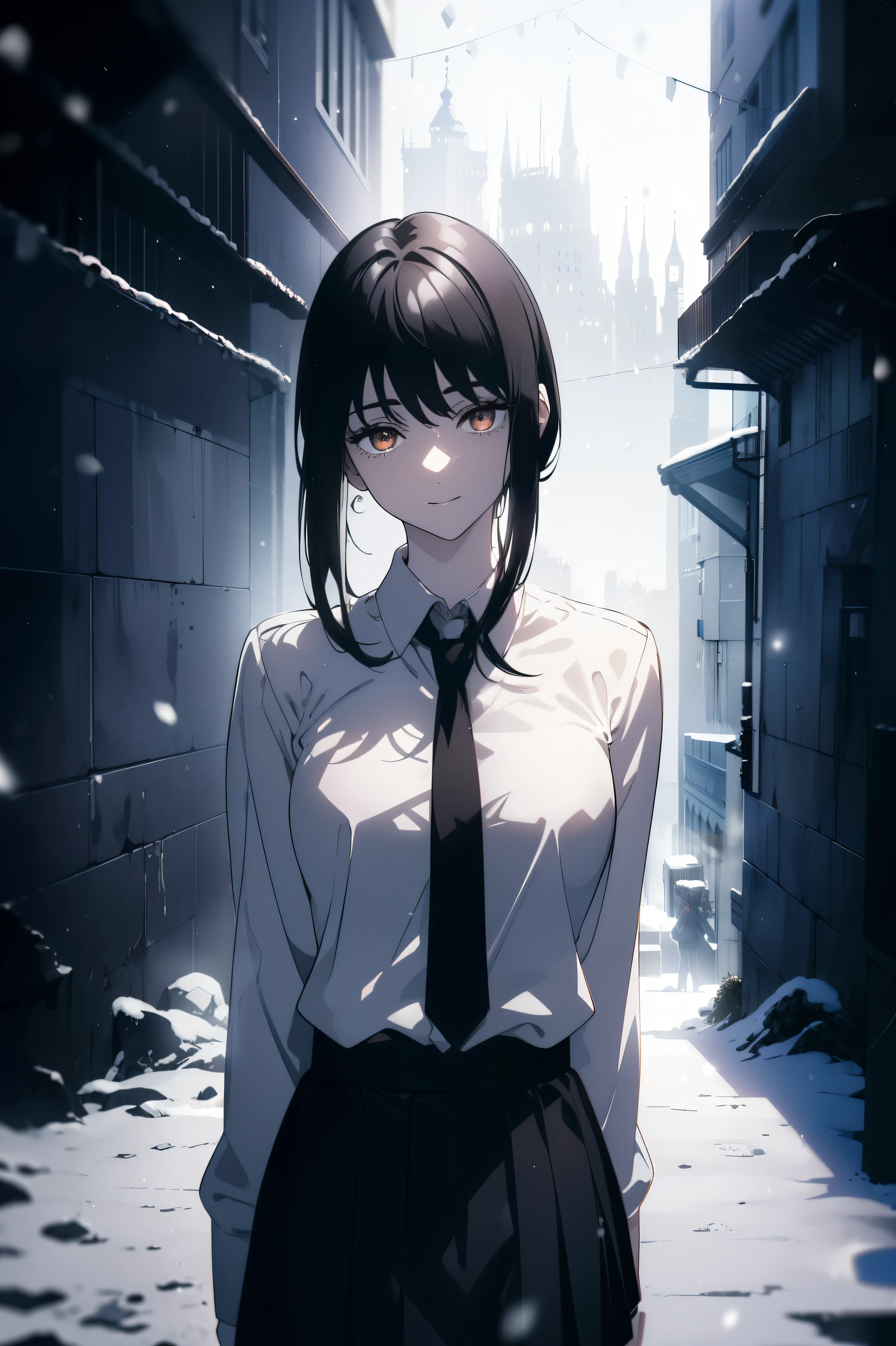 (Obra maestra, La mejor calidad, ultrahigh resolution), 1girl, standing, , white office shirt, black pleated skirt, (((black hair, dark black hair))), long hair cut, pale skin, ((brown eyes)), glowing_eyes, neon eyes, (ultra detailed eyes:0.7, beautiful and detailed face, detailed eyes:0.9), ((centered)), smile, ((wide shot)), facing viewer, eye level, ((vibrant background, snowy landscape, cityscape, snowing, snow)), flat chested, looking at viewer, ((half closed eyes)), ((perfect hands)), (((head:1, arms, hips, elbows, in view))), ((hands behind back)), empty eyes, beautiful lighting, outside, outdoors, background, defined subject, 25 years old, (head tilt)