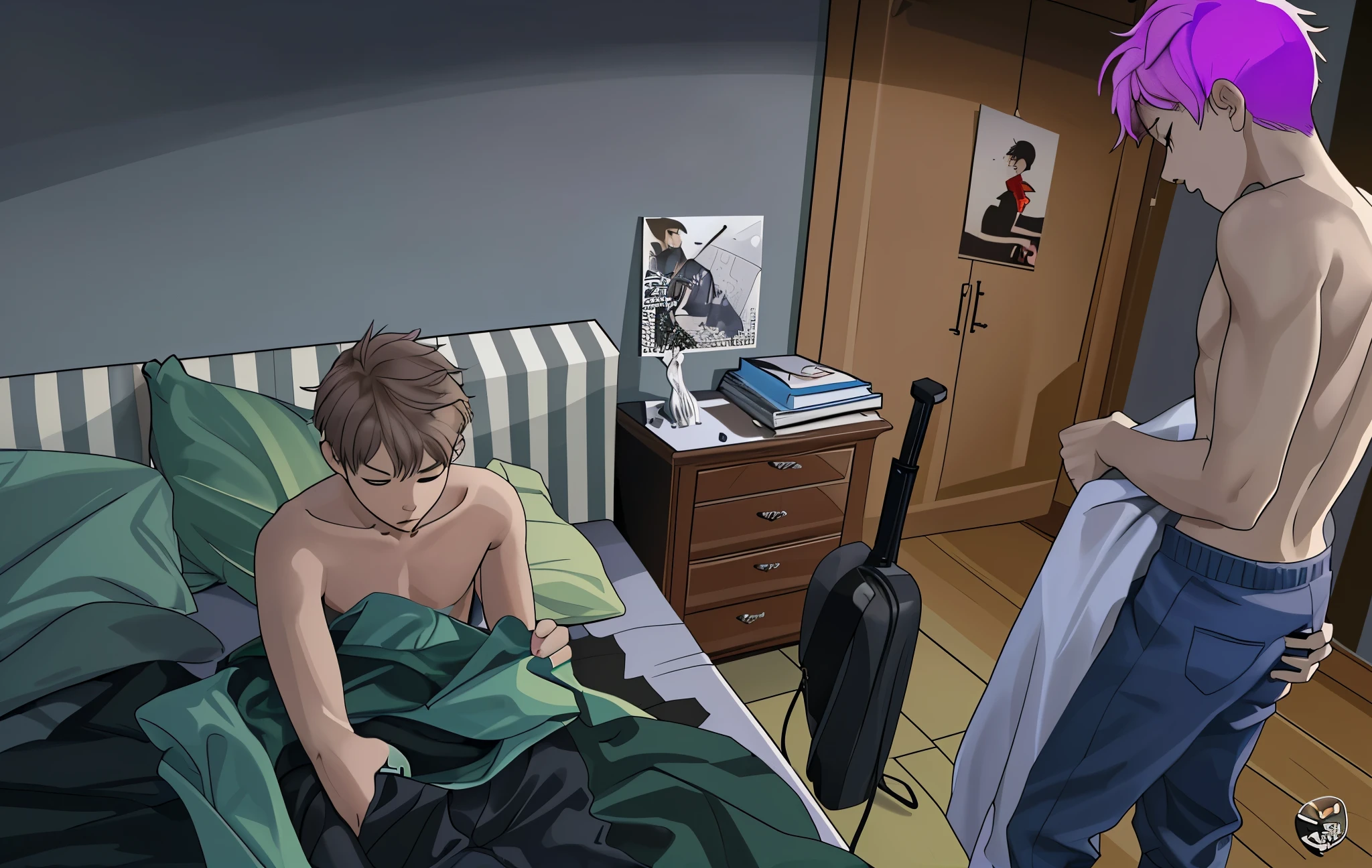 There are two boys, one sitting on the bed and the other standing, they are .