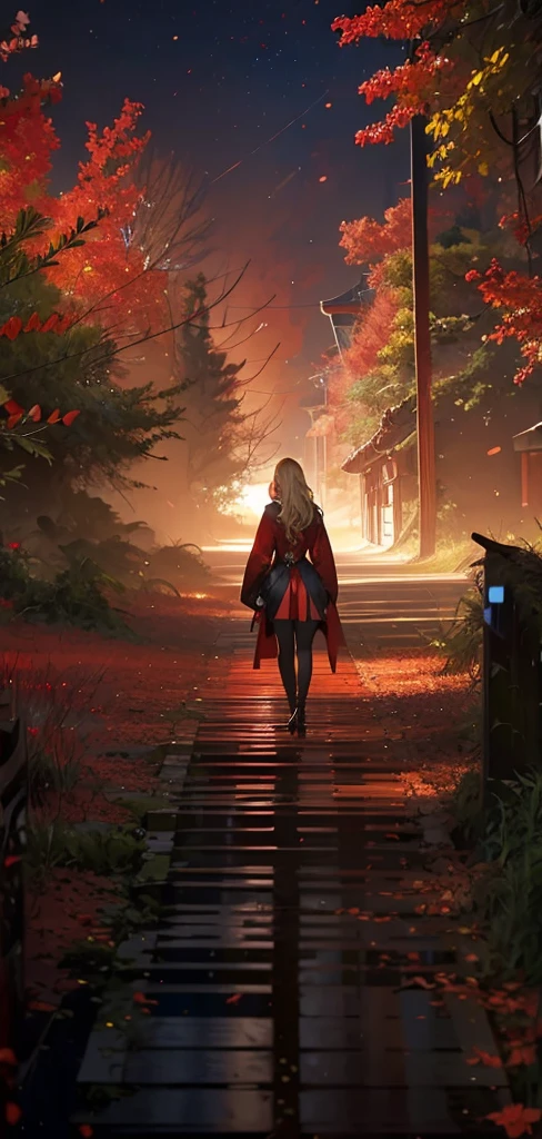 blonde woman,long coat,mini skirt,Rear view,silhouette,sexy body,red forest,Red Moon,Red Night,