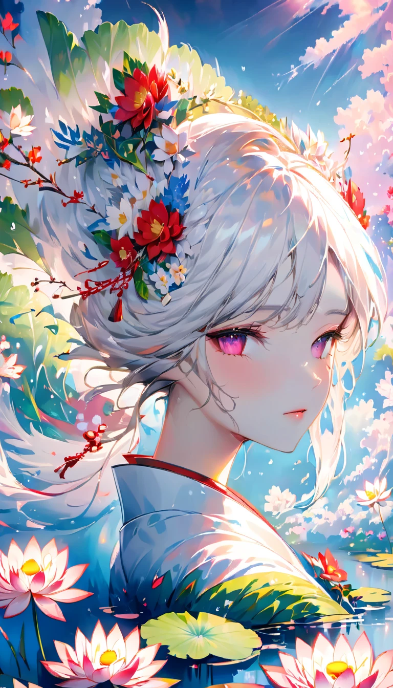 colorful clouds,halo,Reflection on the surface of the water,fan,Gorgeous and luxurious,Glittering,white long hair,On her head she wears a Japanese-style colorful flower crown.,Goddess,Hagoromo,The skin is transparent,whole body,kimono,長いkimonoの裾から片足だけ見えてる,kimonoが濡れて肌が透けている,White dragon on background,White Lotus Flowers.petals dance,water droplets,glossy,god々The beauty,a sad expression,flushed cheeks